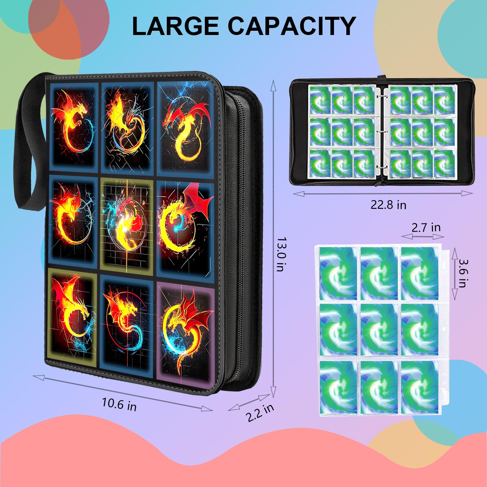 Cosrogo Card Binder-9 Pocket,trading card binder 50 Removable Sleeves,900 Pockets Card Holder Album,PU surface is waterproof and wear-resistant trading card file,Collecting tcg binder cards(Dragon A)
