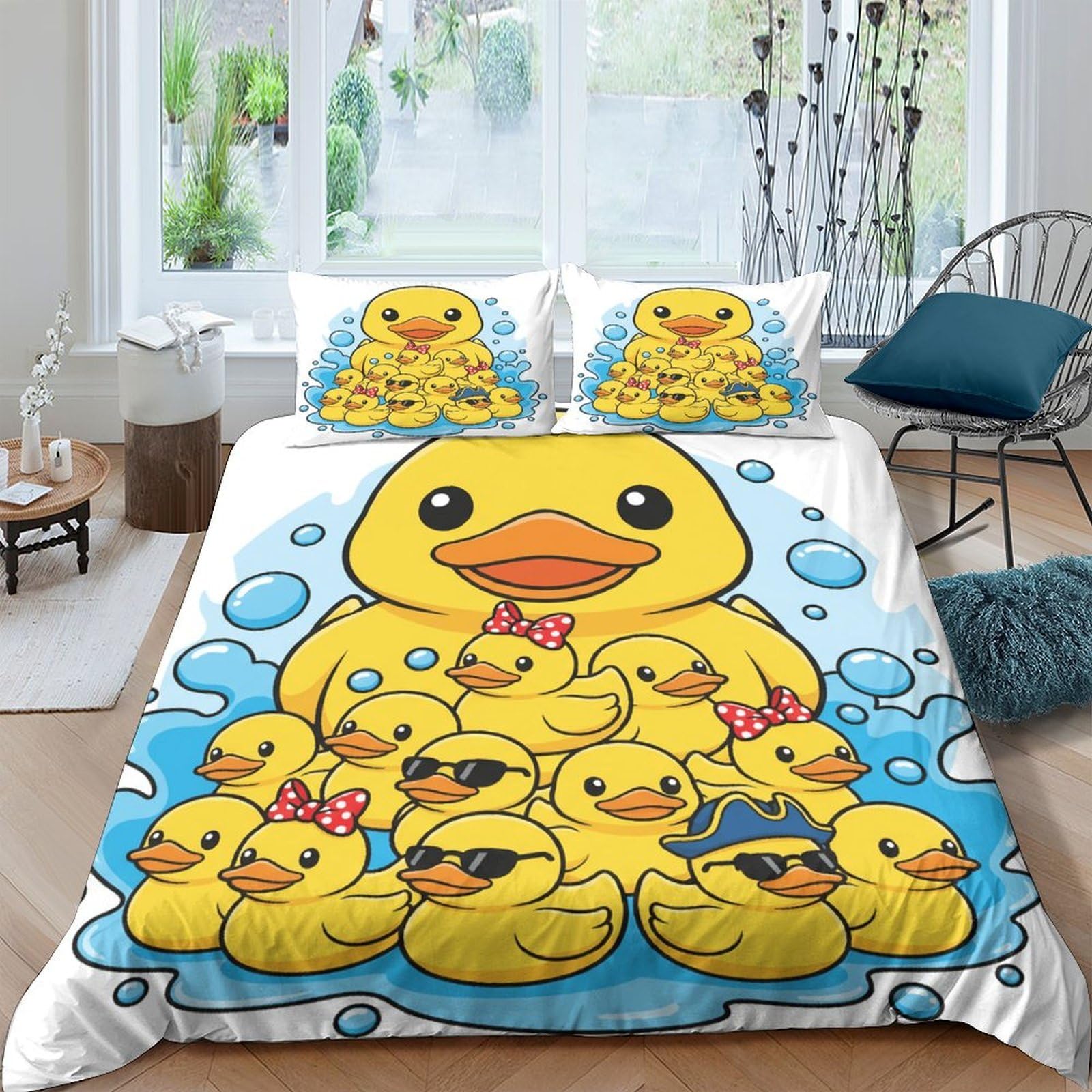 GPLZQXKJNH 3D Printed Yellow Duck Family Duvet Cover Microfiber Soft Breathable Cartoon Bubble Bedding Set with 2 Pillowcases for Bedroom Decor Single（135x200cm）