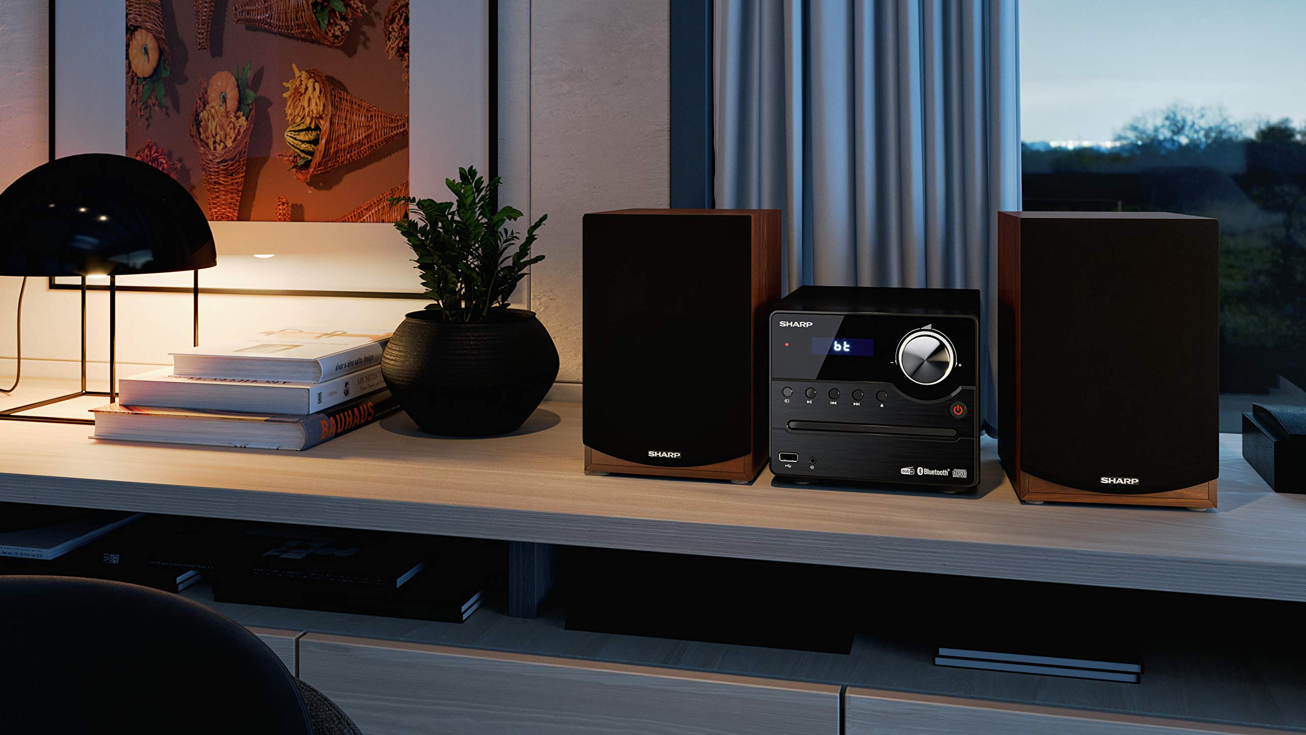 Sharp XL-B512(BR) Micro Chaîne Stéréo avec Radio FM, Bluetooth 5.0, CD-MP3, Haut-parleurs en Bois, 45 W Marron