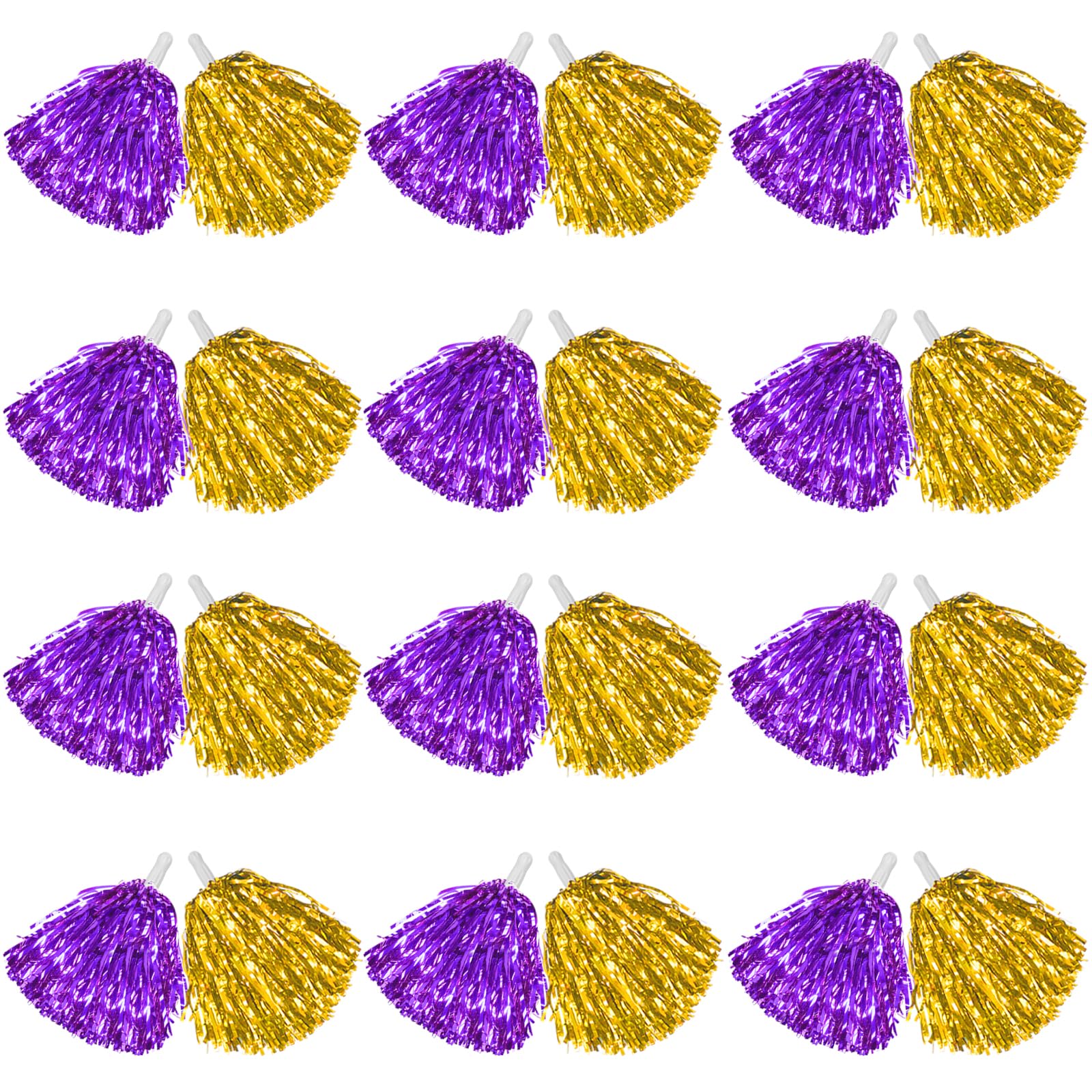 DILIBRA 24 Pcs Metallic Cheerleading Pom Poms with Baton Handle Gold+Purple