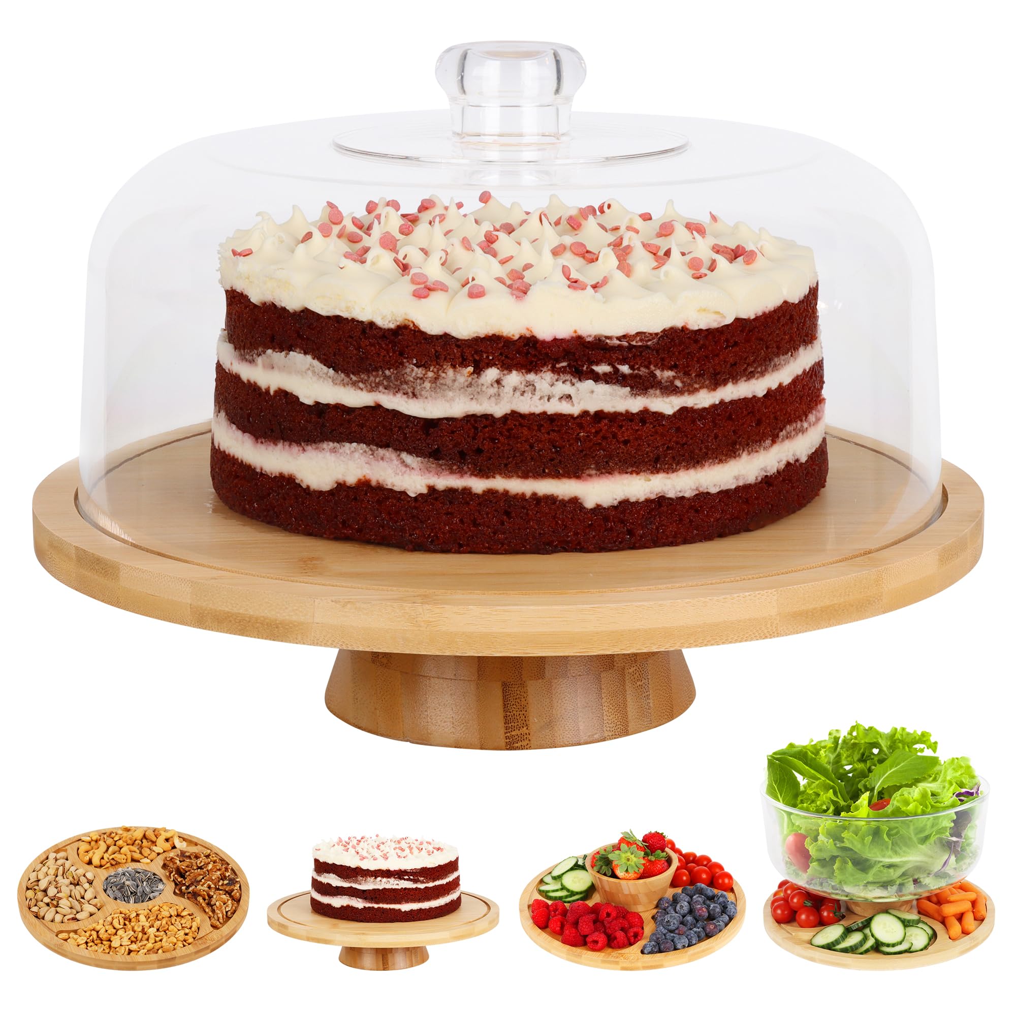 6 in 1 Large Bamboo Wood Cake Stand with Lid - Multiuse Wooden Cake Stand with Dome Acrylic Cake Cover/Cake Dome - Cake Holder With Lid - Acrylic Cake Stand Dome & Bamboo Base Punch Bowl - Cake Stands