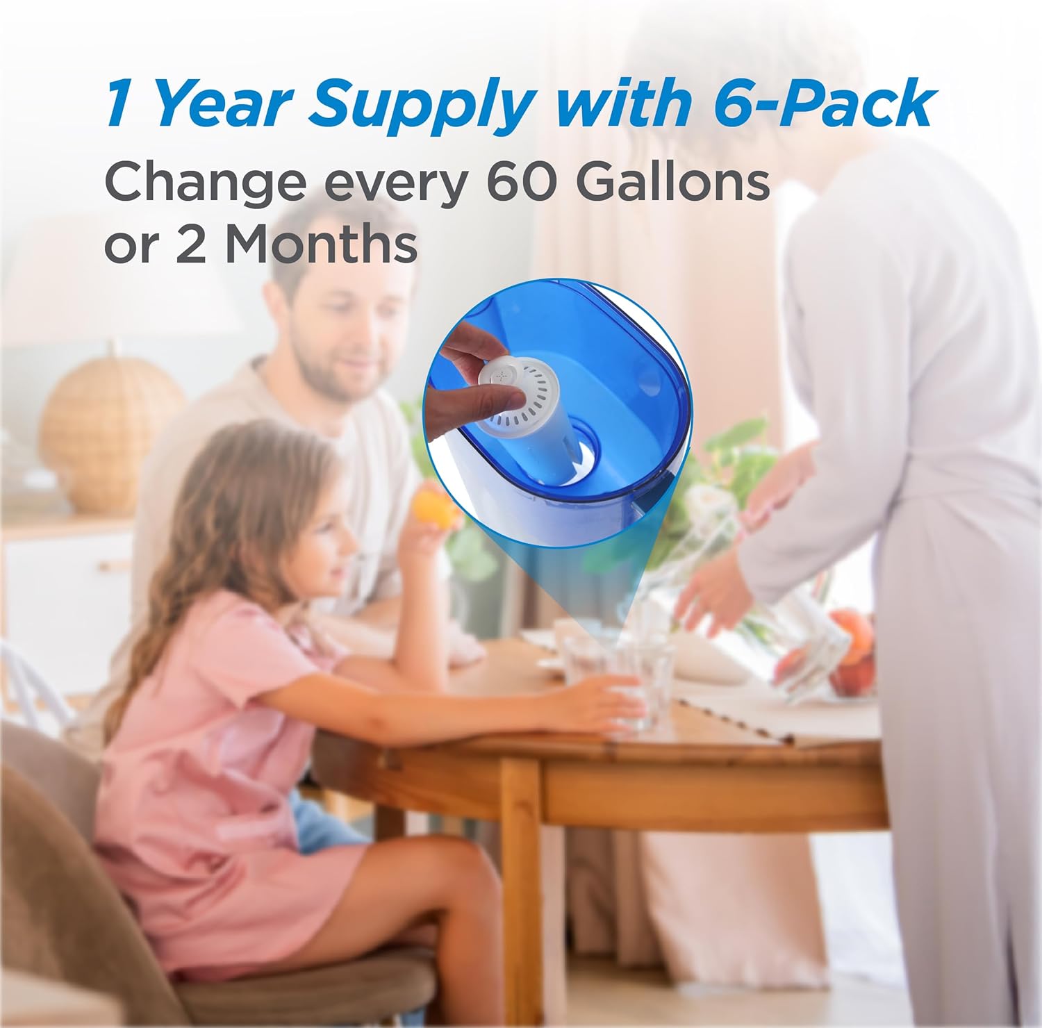 A family at a table, with a close-up inset showing a hand inserting a water filter into a pitcher. Text indicates '1 Year Supply with 6-Pack' and 'Change every 60 Gallons or 2 Months'.