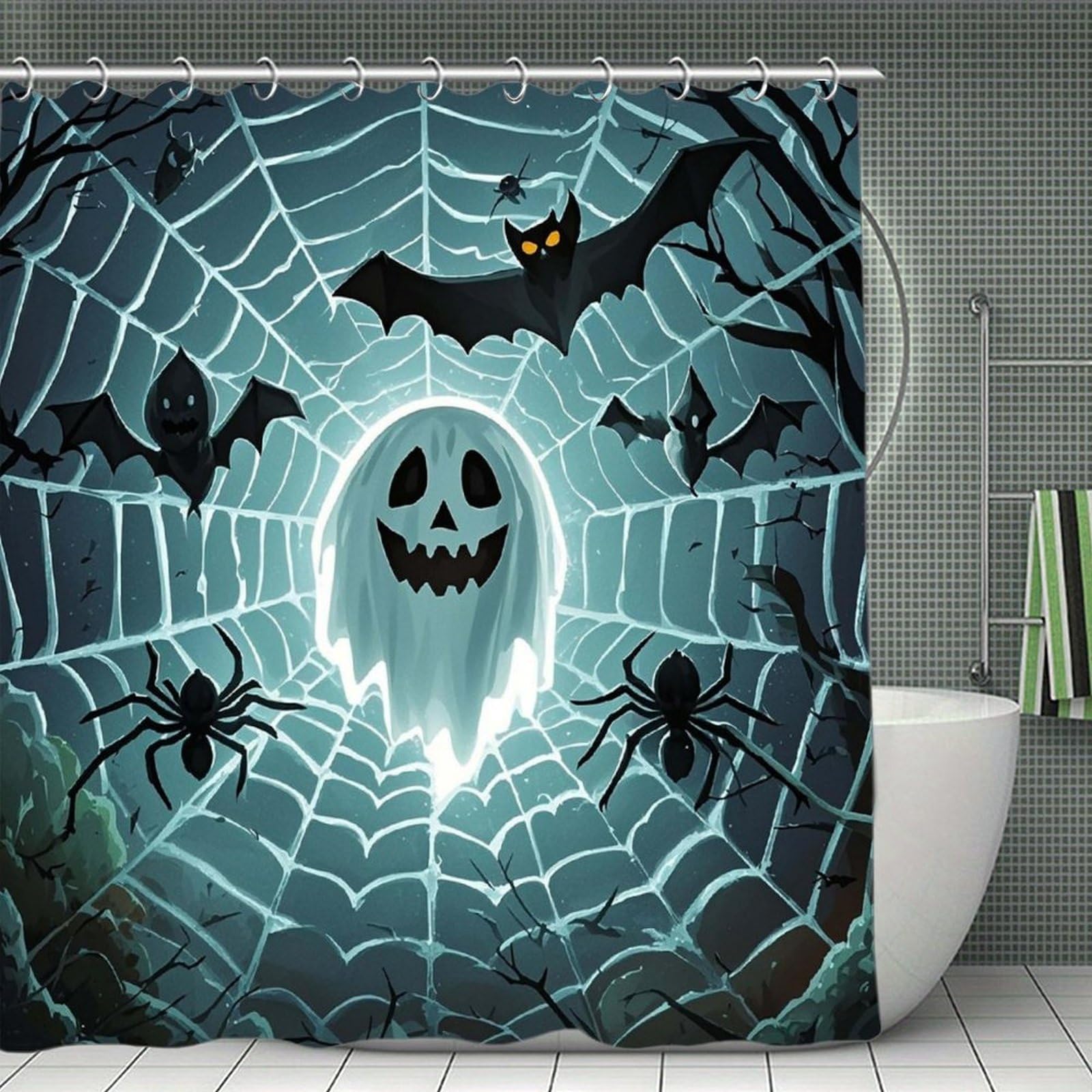 VstaDank Cute Bat Spider Webs Shower Curtain 71x71 Heavy Duty Polyester Cloth Bath Curtain with Hooks Thick Waterproof Shower Liner Fun Magic Decorative Bathroom Curtains for Bathtub