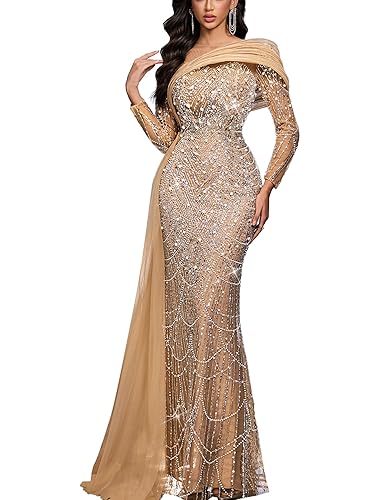 Women Sequin Beaded Mermaid Formal Evening Gown Long Sleeve Prom
