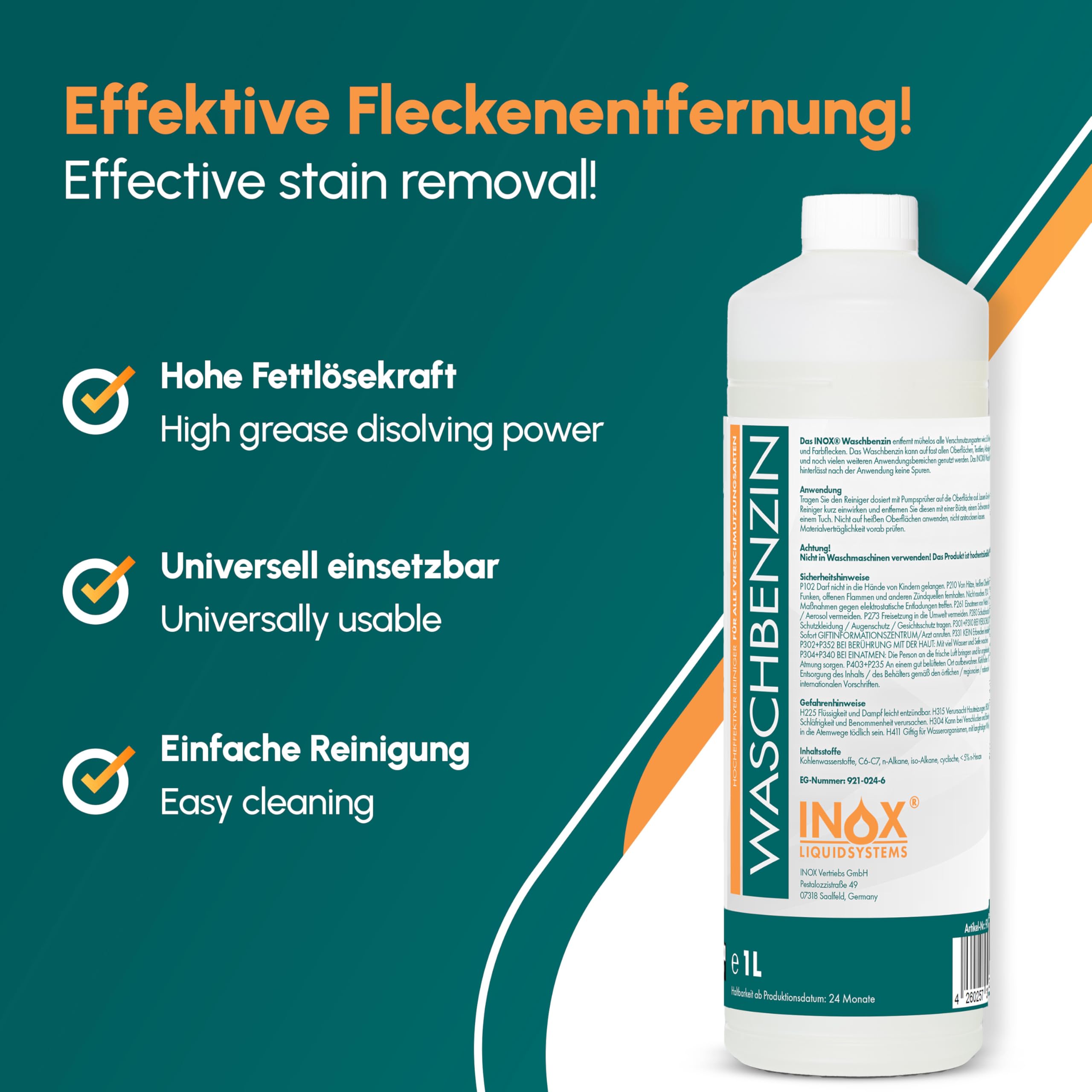 INOX® IX 200 Waschbenzin 6x1L | Hochwirksames Reinigungsbenzin für Flecken, Fett & Öl | Lösungsmittel für Textilien, Kunststoff & Oberflächen