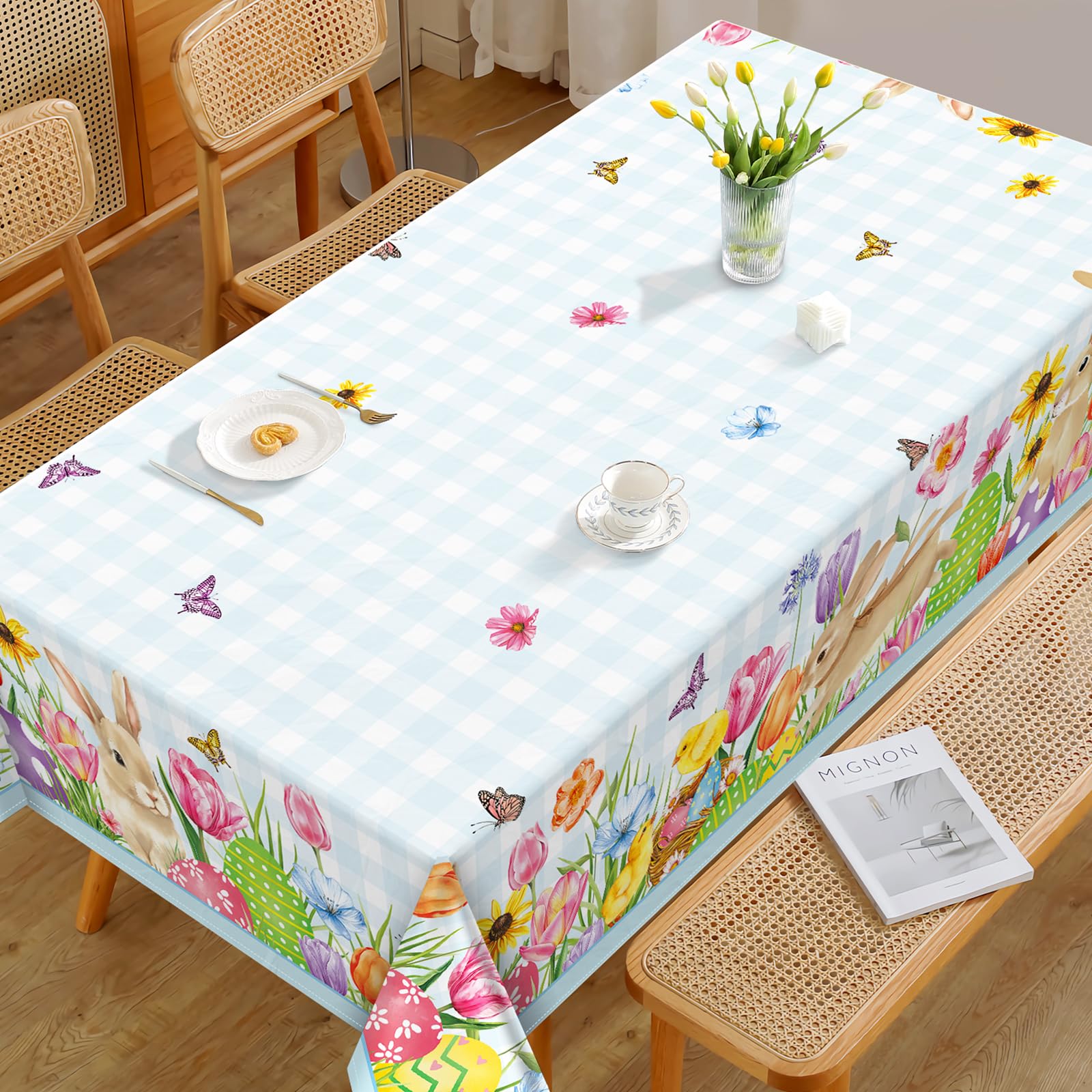 Tovaglia Rettangolare Di Pasqua Coniglietto Primaverile Tovaglie Impermeabile, Copritavolo Stampato Lavabile Tessuto Per Ristorante Primavera Estate Cucina Decorazione (152X304 Cm)