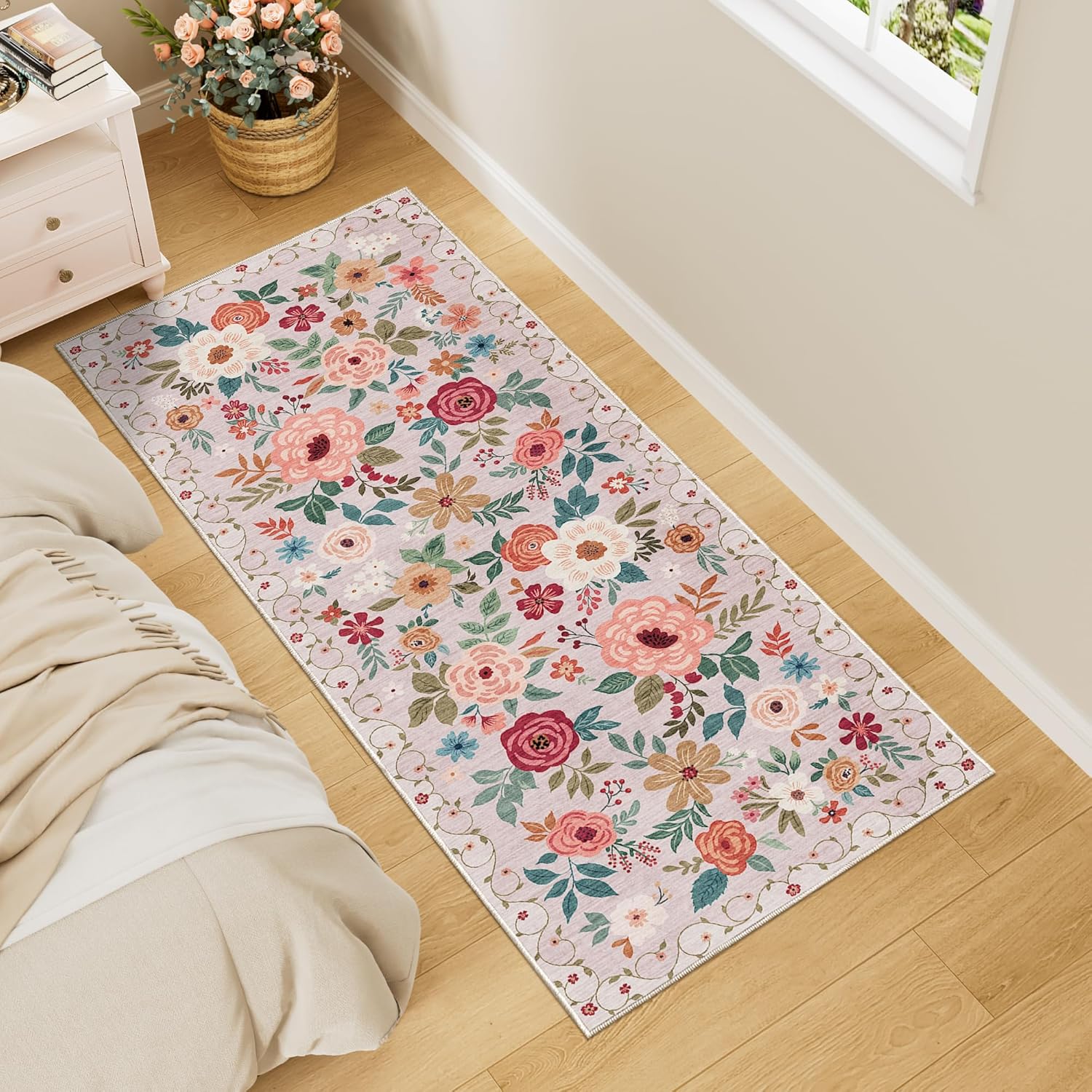 DUKINO 2x5 Runner Rug for Hallway, Washable Kitchen Floral Runner Rug with Non Slip Backing, Low Pile Soft Boho Carpet for Kitchen, Hallway, Entryway, Laundry, Bedroom, Beige