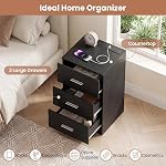 KOMFOTT Table de chevet avec station de recharge, Table de lit en bois avec 2 AC Des sorties, USB et Port de type C, stand de nuit moderne avec 3 Tiroirs pour Bureau de Chambre Petits espaces (Noir,2)