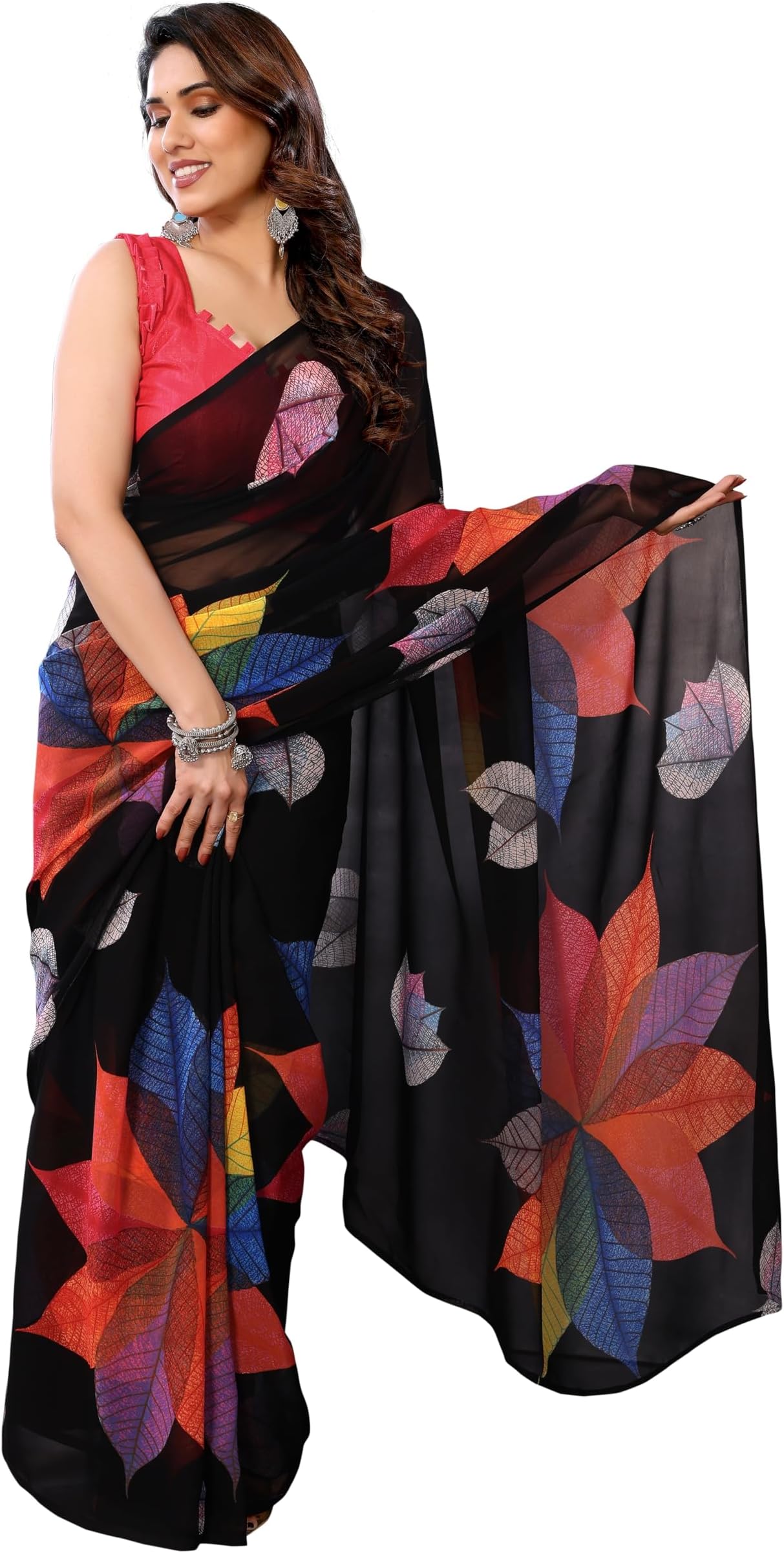 StyleScope Women's Printed Georgette Ready To Wear One Minute Saree With Unstitched Blouse Piece (RTW Paan)