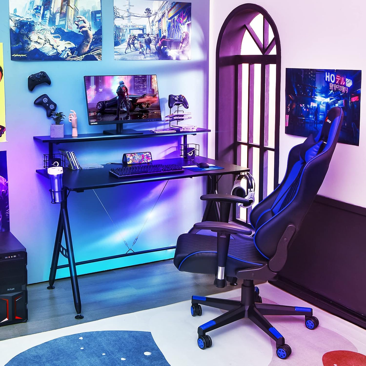 Tangkula Gaming Desk, Ergonomic Computer Desk w/Monitor Shelf, Game Handle Rack, Cup Holder, Headphone Hook & Speaker Stand, Home Office Gamer Workstation w/Carbon Fiber Surface (Black)