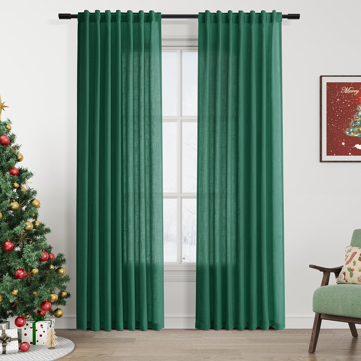 Emerald Green Linen Curtains 84 Inch Length 2 Panels Set for Living Room Rod Pocket Back Tab Light Filtering Window Drapes for Bedroom Dining Room Protect Privacy Country Farmhouse Decor 52x84