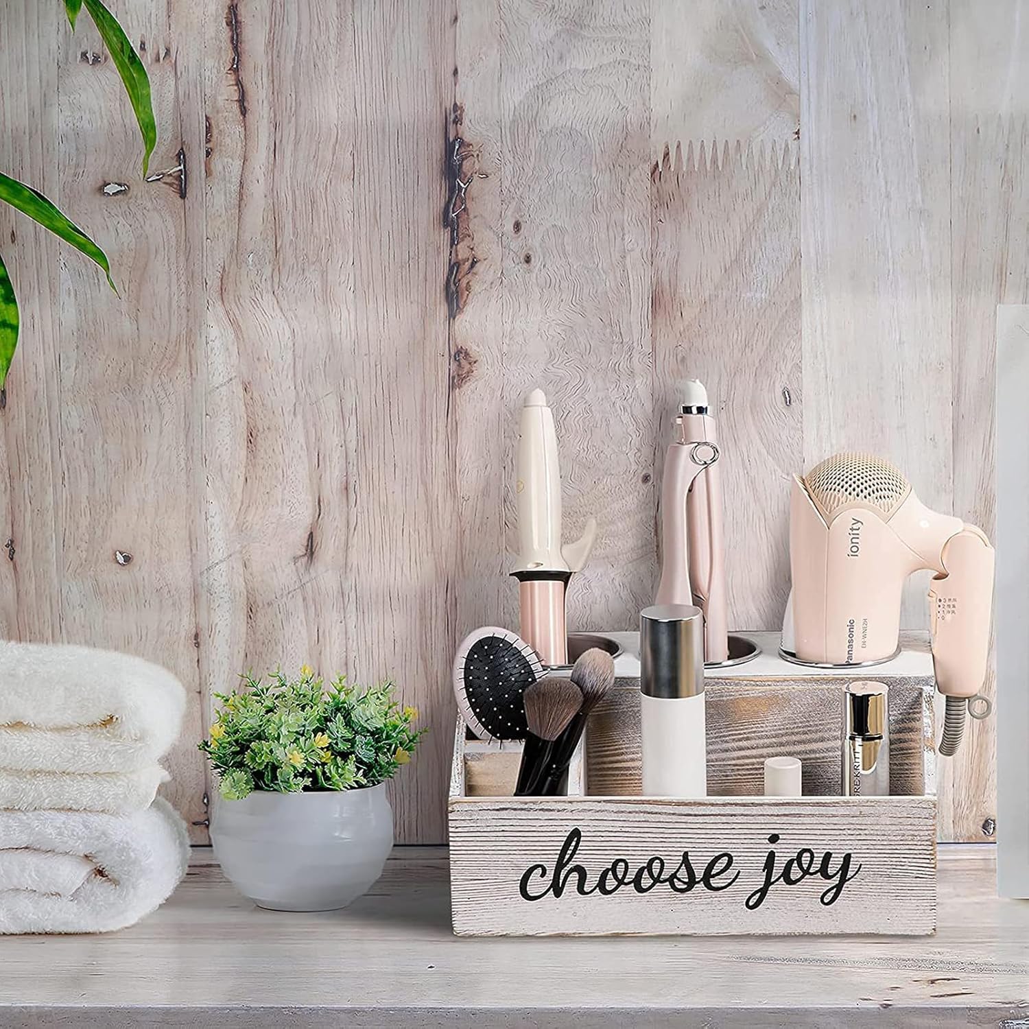 Wooden Hair Dryer Holder, Hair Tool Organizer with 3 Circular Holes and 3 Compartment, Hair Dryer and Styling Holder for Hair Accessories, Curling Wand.