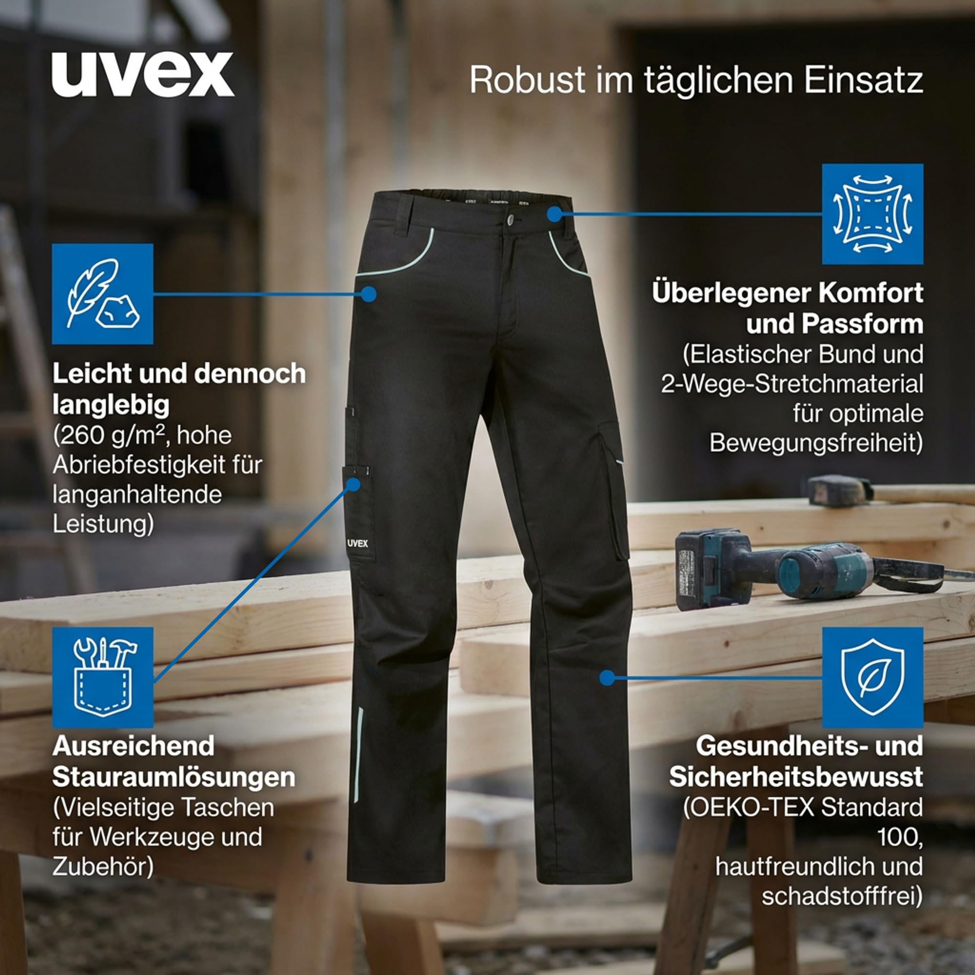 Uvex Tune-up Light Arbeitshose Herren | Bundhose 2-Wege-Stretch | leicht, robust, elastisch | Cargotaschen & Zollstocktasche
