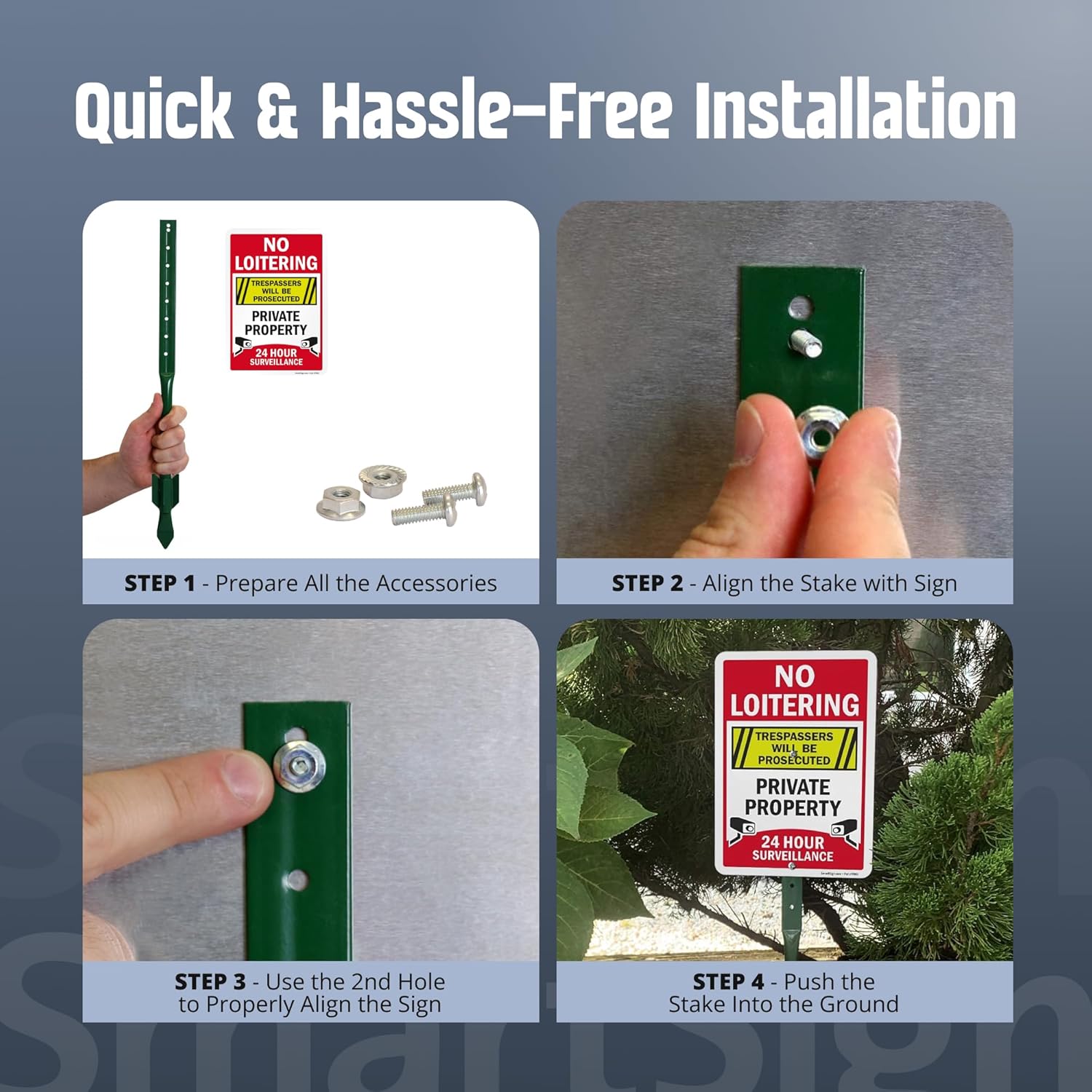 SmartSign “No Loitering - Private Property, 24 Hour Surveillance, Trespassers Will Be Prosecuted” Sign for Lawn | 21” Tall Stake & Sign Kit