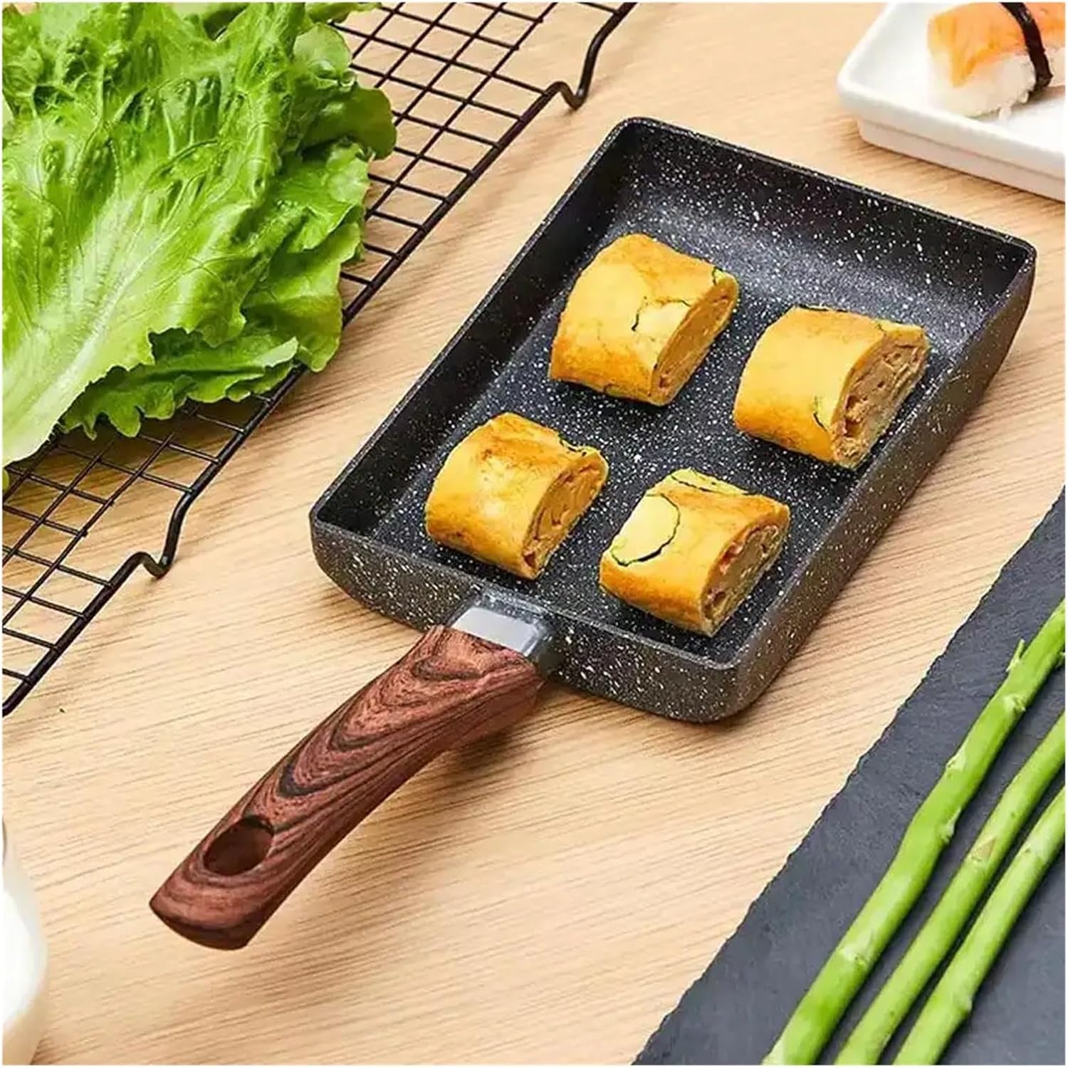Fit for Omelette Pan with Wooden Handle - Nonstick Tamago Skillet for Eggs - Rectangle Frying Pan with Cooking Tools