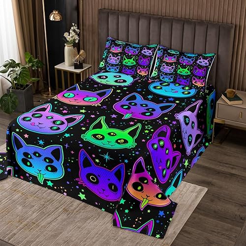 Erosebridal Juego de ropa de cama de gatos de Halloween, lindo juego de cama espeluznante con diseño de gatito neón degradado, juego de colcha para