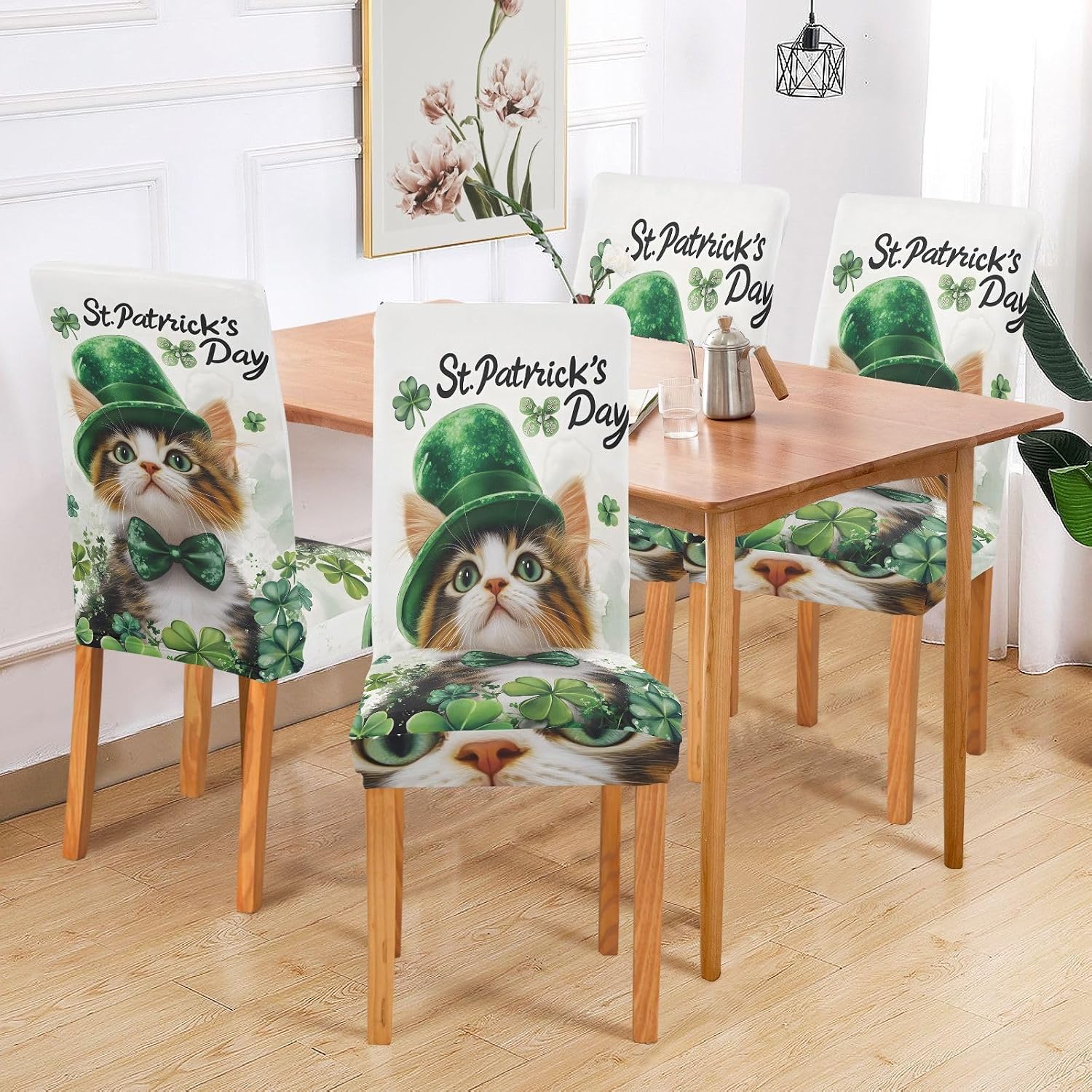 ALAZA Chair Covers for Dining Room, St Patricks Cat Stretch Chair Cover Sets Chair Protector Removable Washable for Ktichen Restaurant Hotel