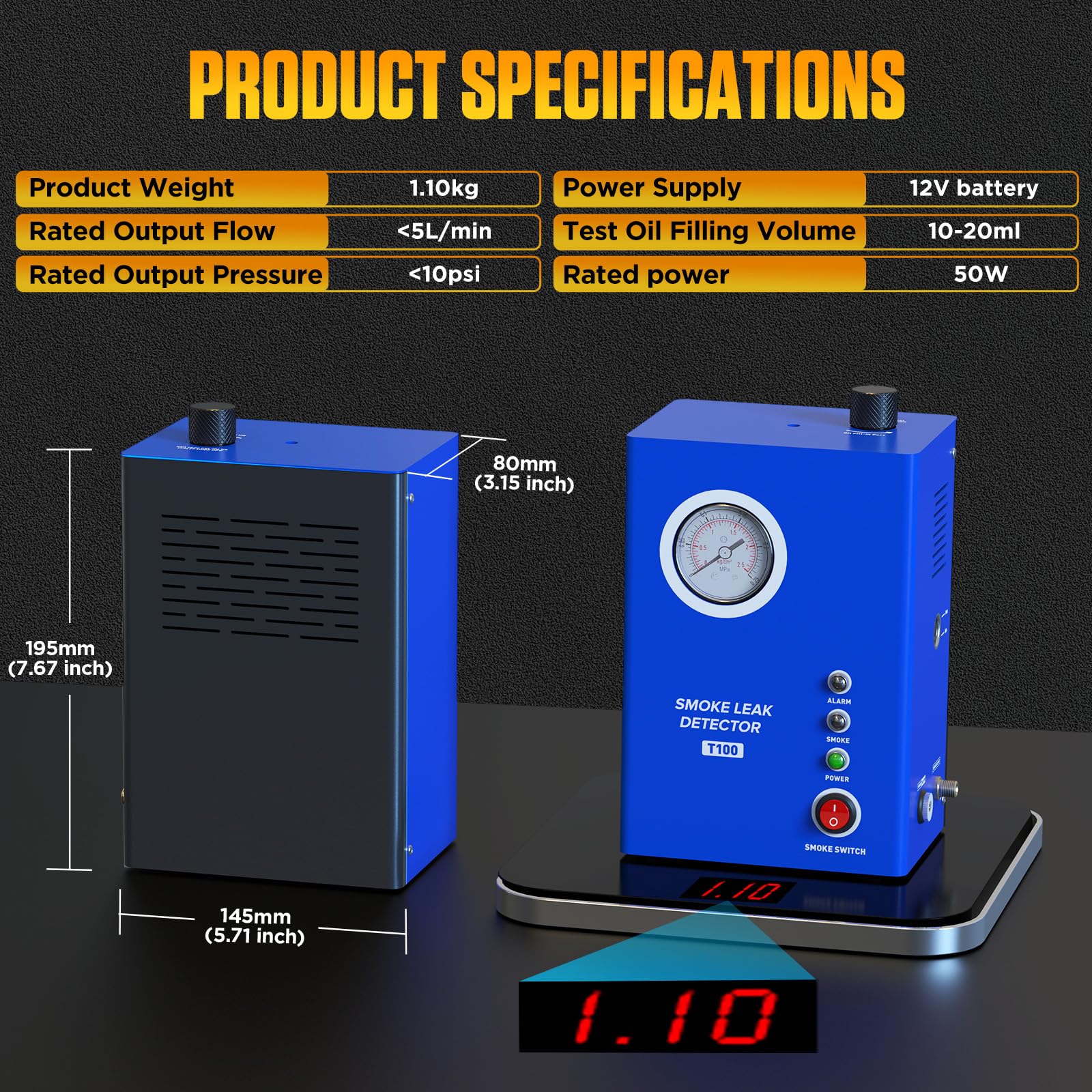 T100 KFZ Nebelmaschine Lecksuchgerät EVAP-Prüfung mit Manometer | Eingebaute Luftpumpe, dichter Rauch nach 10 Sekunden, -20℃ bis 75℃ Schutz für 12V Fahrzeugdiagnose Ansaug- und Auspuffsysteme