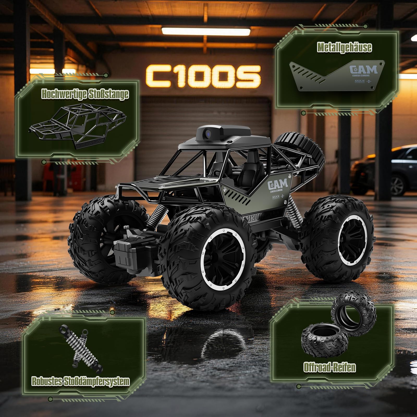 Ferngesteuertes Auto mit HD-Kamera für Erwachsene, 1:18 Monstertruck Spielzeug, 2,4-GHz RC Auto Offroad mit HD-Bildschirm, 2 Akkus (40 Minuten Laufzeit), Kinder,C0