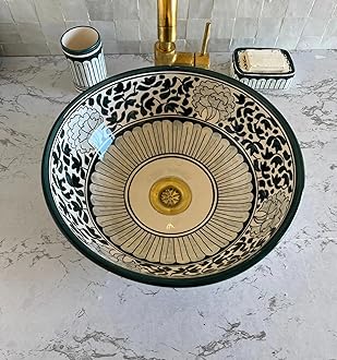 Handmade Ceramic Moroccan Vanity Vessel Sink, Handwash Countertop Vanity Basin Sink, Farmhouse Bathroom Basin, Hand Painted Wash Basin Sink for Bathroom with a Gift Included (8"= 20cm)