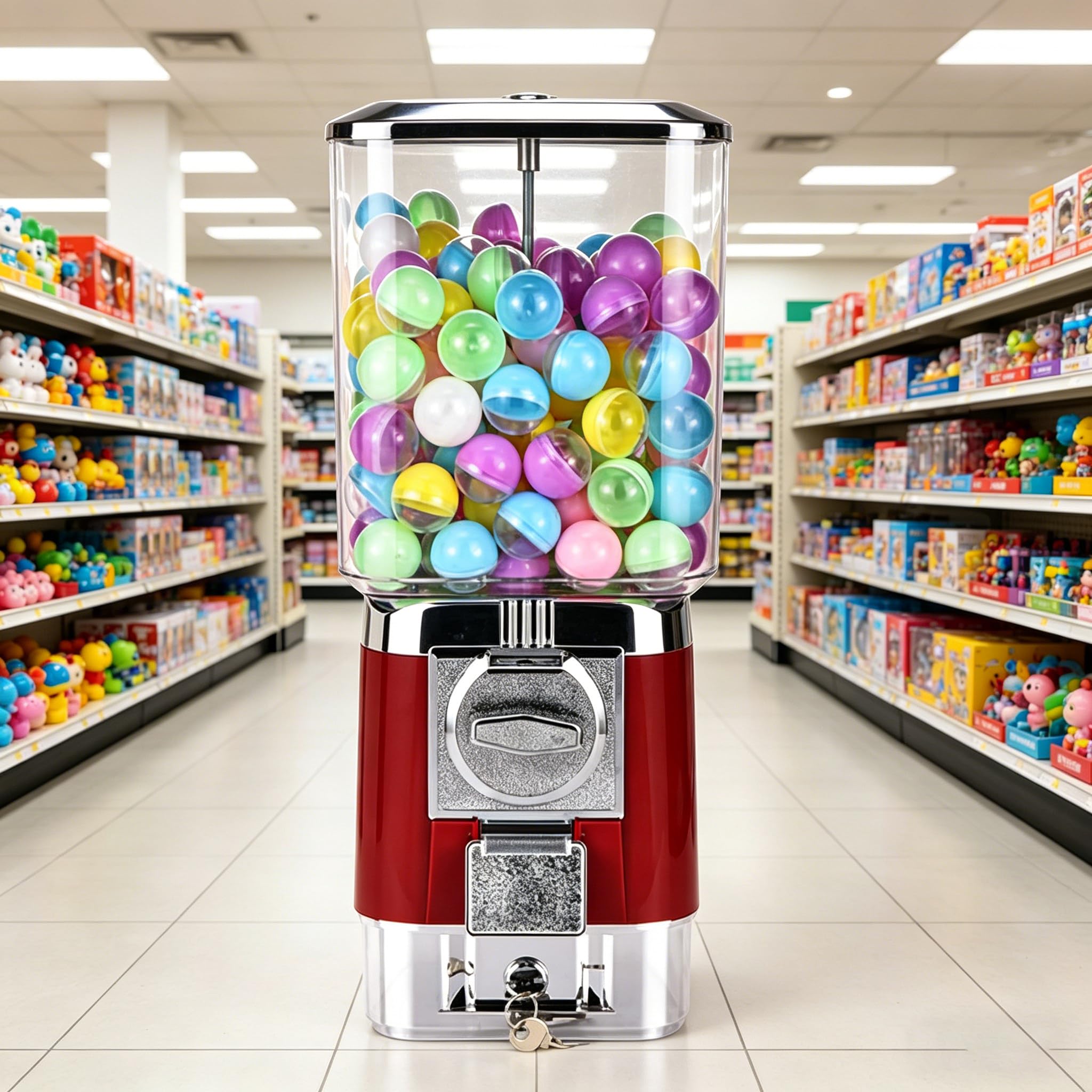 Sushangmao Vending Machines, Coin Operated Commercial Large Capacity Gumball Machine,with 100 Capsules and 50 Tokens for Game Stores, Commercial Mini Dispenser Prize Machine Red