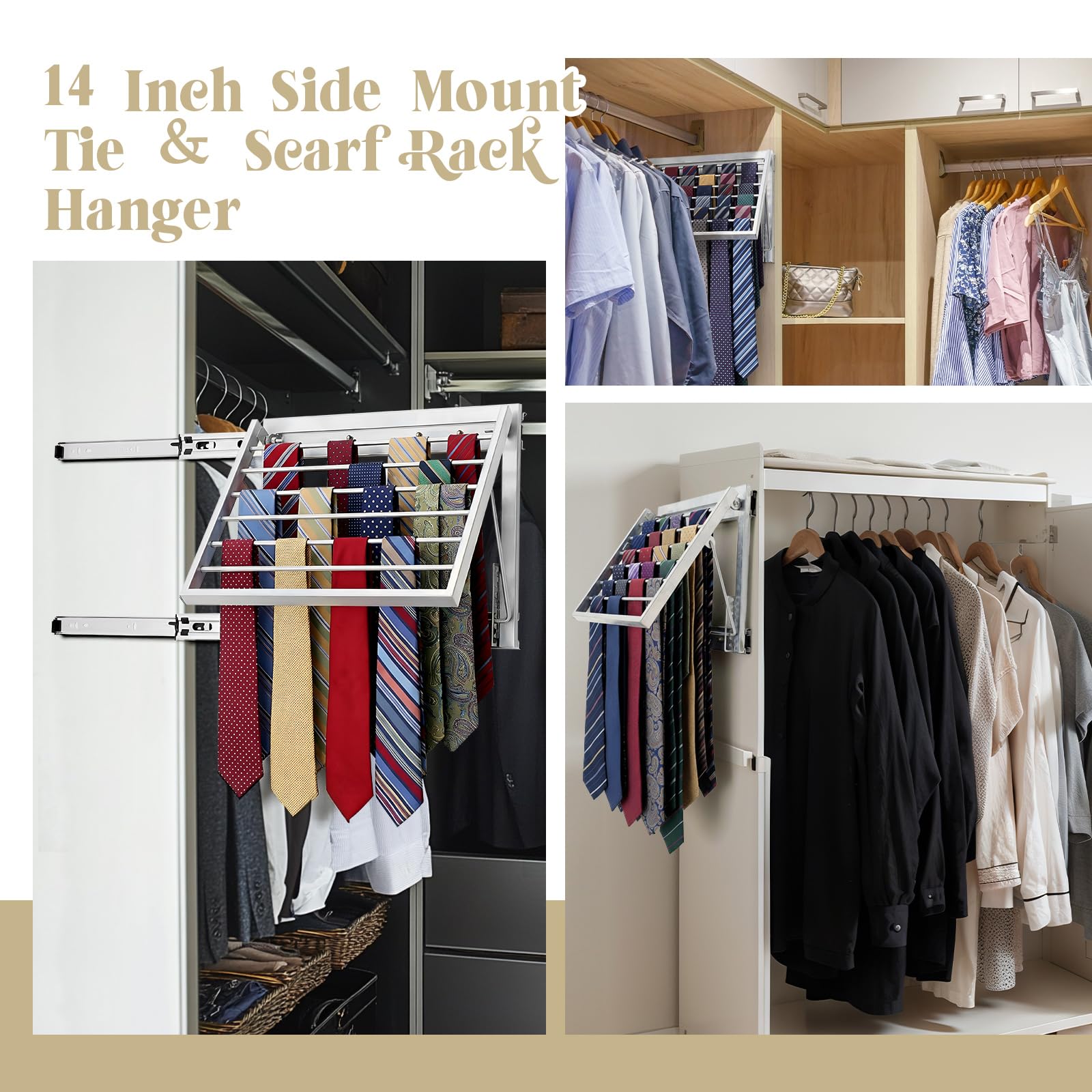 Blulu 1 x ausziehbarer Krawattenhalter für Schrank, ausziehbare Wandhalterung, ausziehbar, stabiler Metall-Gürtel-Organizer für Herren, Gürtelaufbewahrung, 34 x 29 cm, silberfarben