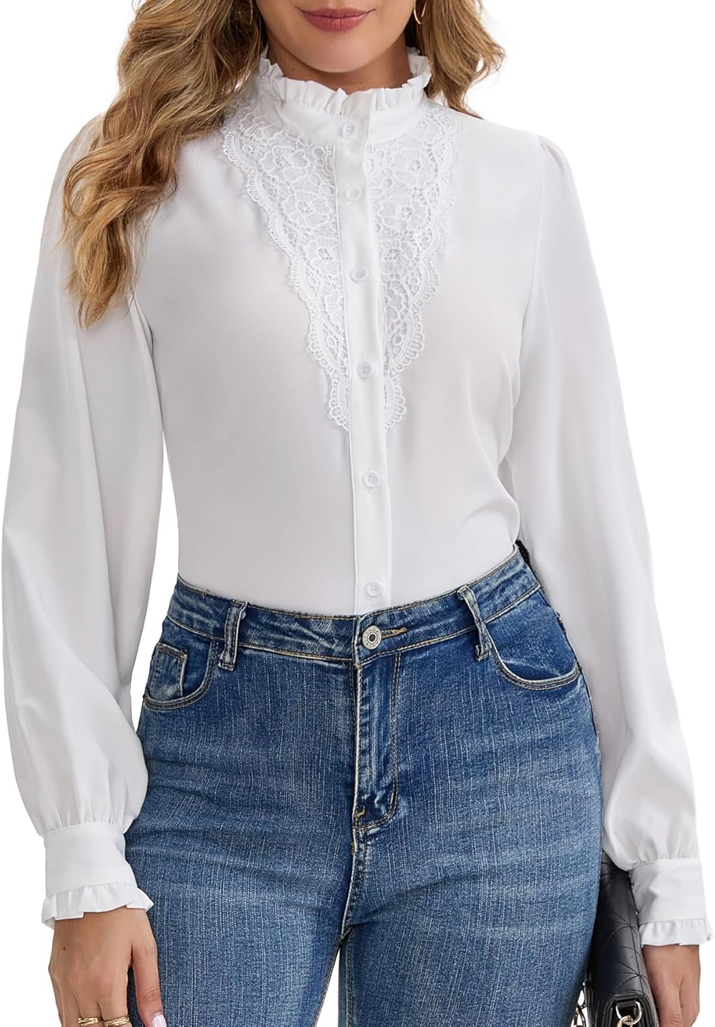 Women's Lace Crochet Mock Neck Long Sleeve Button Down Elegant Blouse Shirt Fall Tops White Medium - Image 2