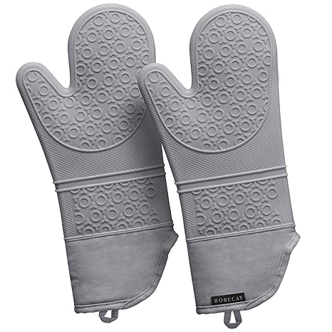 Rorecay 15 Inches Silicone Oven Mitts: 500 F Heat Resistant Kitchen Mittens Non Slip Pot Holders Flexible Oven Gloves Extra Long Potholders for Cooking Baking, Quilted Liner, Gray, Pack of 2