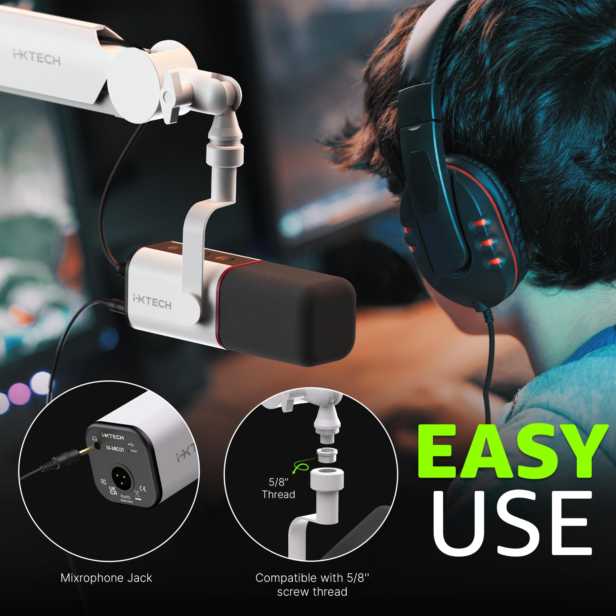 IXTECH Microfono dinamico cardioide con copertura per microfono, microfono vocale USB XLR per podcasting, streaming, registrazione, gioco e voice-over (bianco)