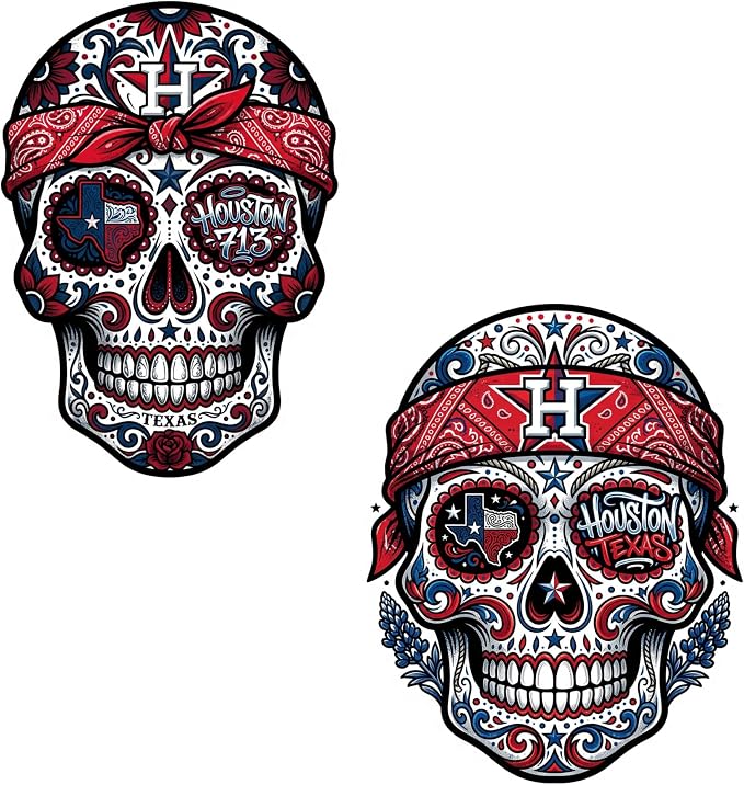 Houston Texas Sugar Skull Vinyl Stickers, 2 Pack, 5 Inch, Red White and Blue, Waterproof, for Car, Truck, Laptop