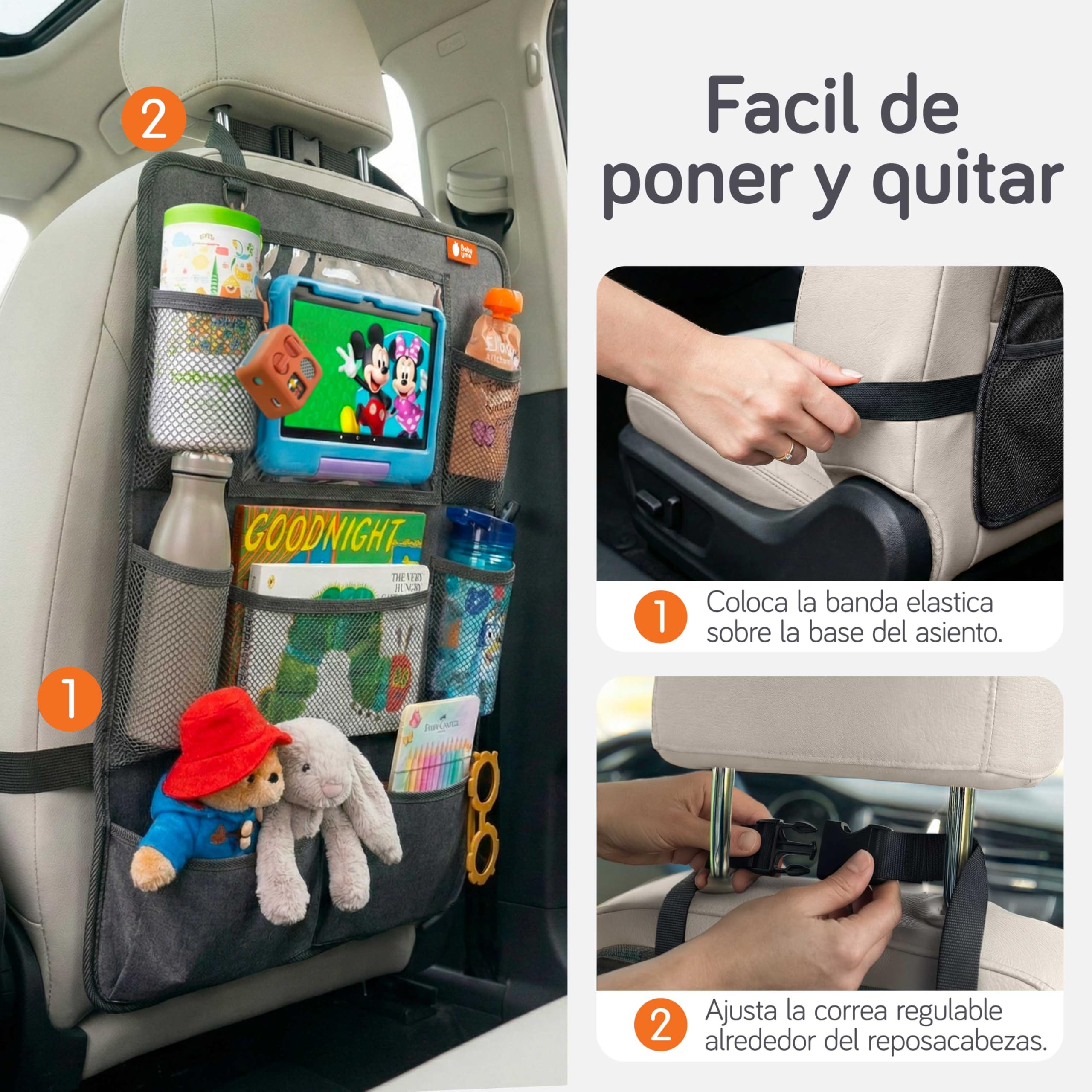 Organizador Asiento Trasero Coche Ninos Pack de 2 | Organizador Coche Asiento con Funda Tablet y Bolsillos | Organizador Asiento Coche Ninos | Protector Respaldo Asiento Coche | Accesorios Coche Ninos