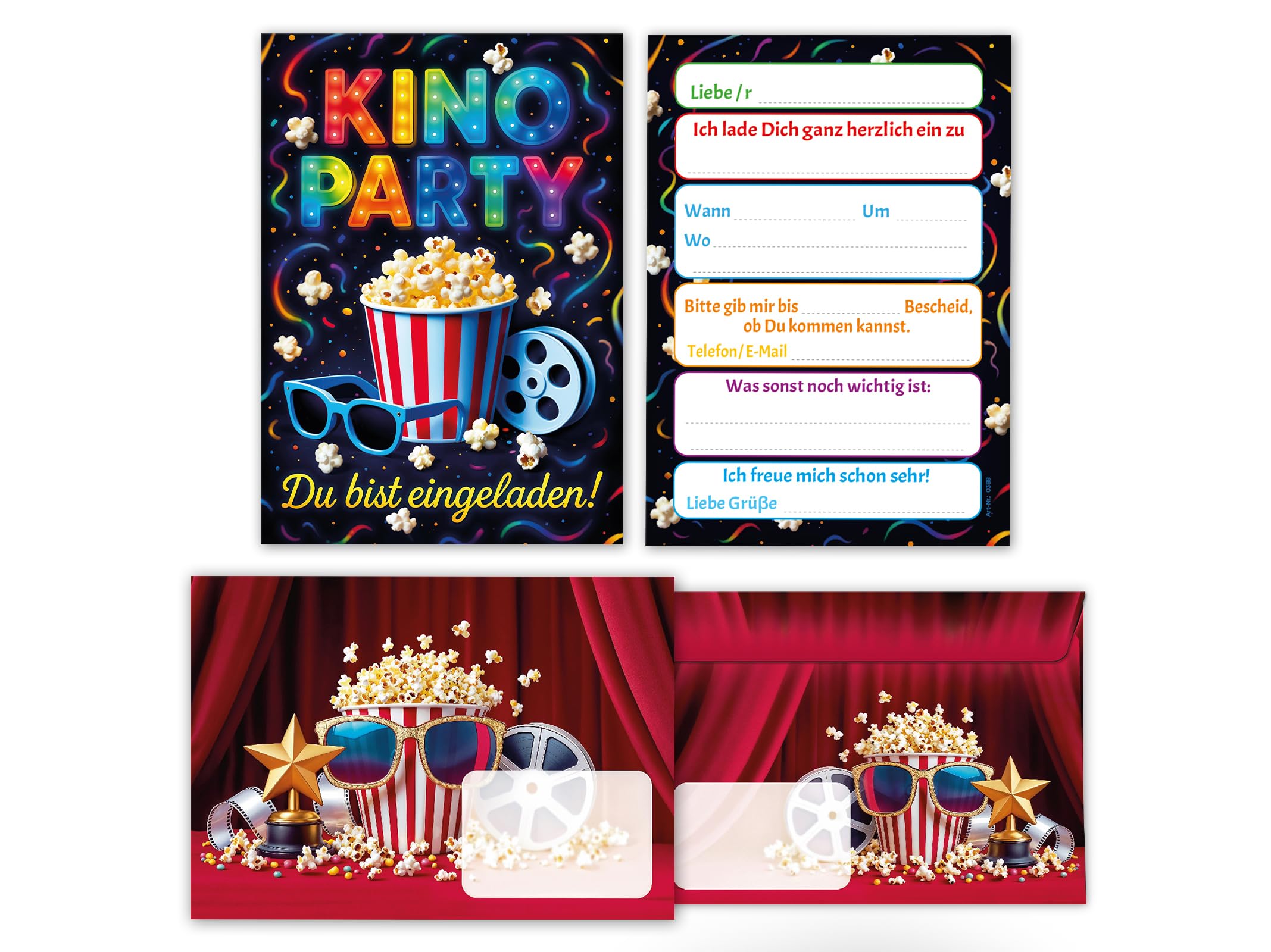Junaversum 8 Einladungskarten inkl. 8 Umschläge zum Kindergeburtstag Kino Cinema Party Mädchen Jungen bunt Kinder Einladungen Geburtstag Geburtstagseinladungen Kids