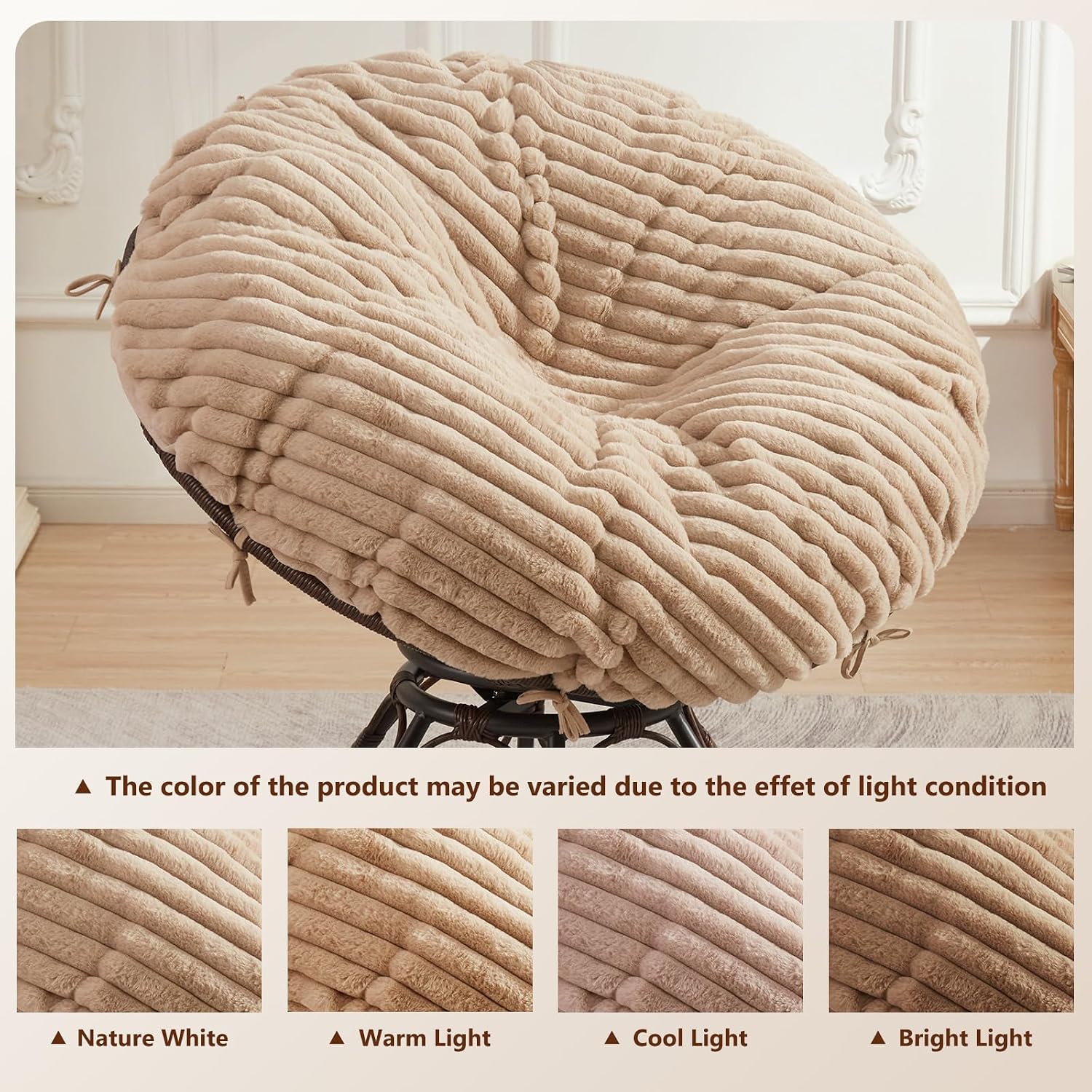 Papasan Chair Cushion Cover ONLY(Without Cushion), Removable Faux Fur Slipcover with 8 Ties & Zipper, Machine Washable Soft Fluffy Shaggy Covers(Khaki, 55"x55")