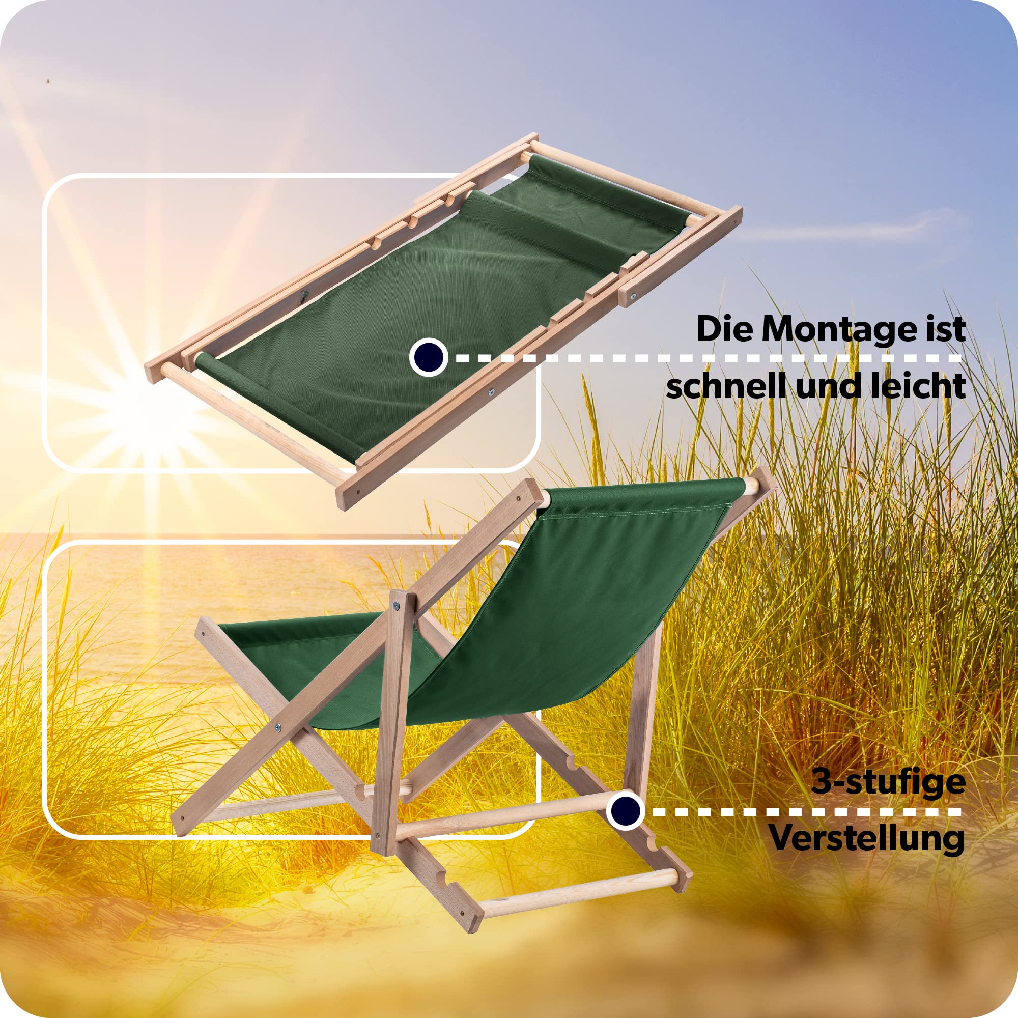 KADAX Liegestuhl, Strandstuhl aus Holz, Sonnenliege bis 120kg, Liege aus Buchenholz, Holzklappstühle, Strandliege, Klappliege für Strand, Holz-Liegestuhl (Dunkelgrün)