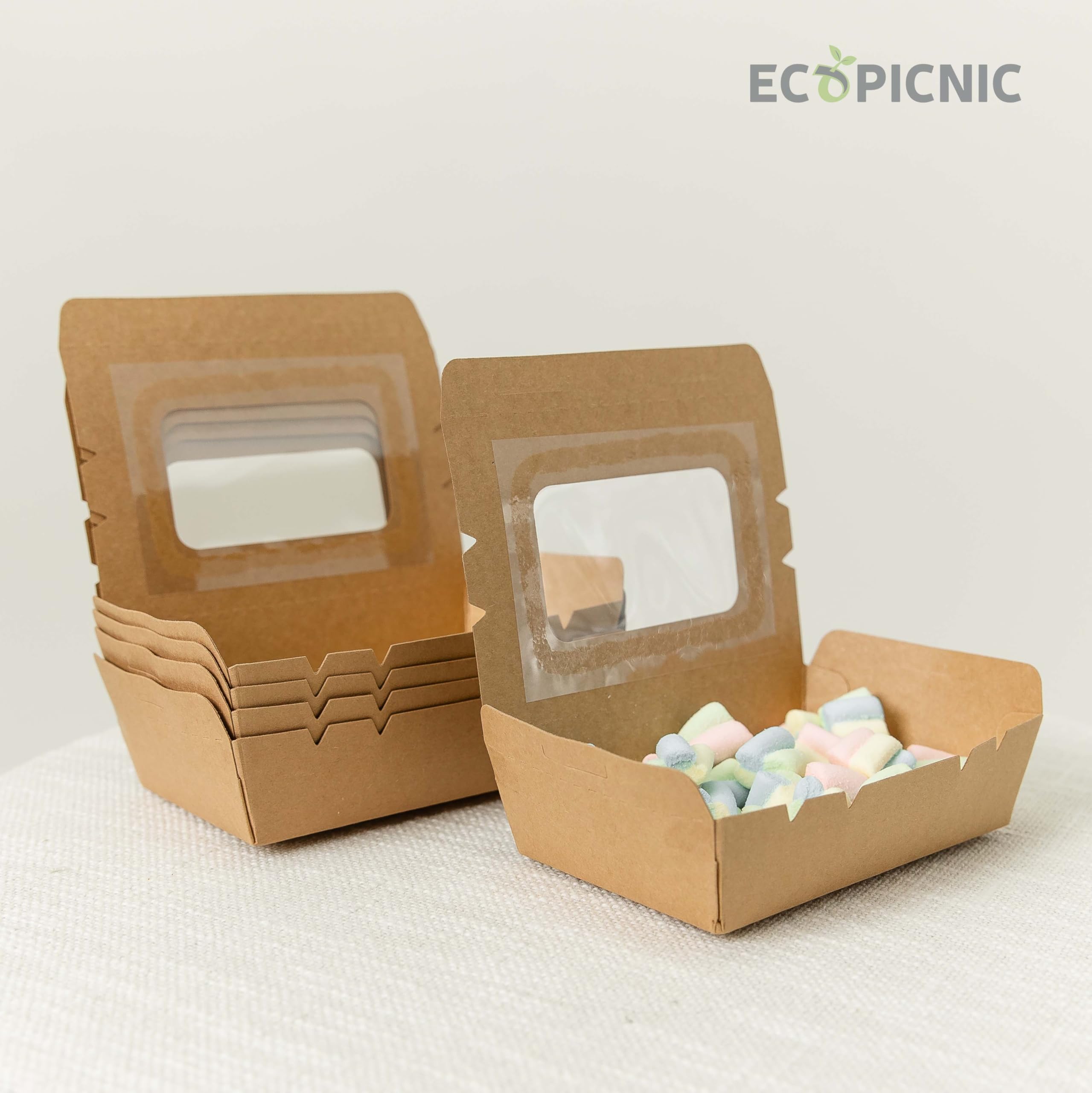 Lunchbox de Papel Kraft con Ventana Transparente y Tapa 200 Unidades 500 ml | Caja desechable de cartón Kraft con Ventana, Ideal para Comida para Llevar, ensaladas, postres y Snacks