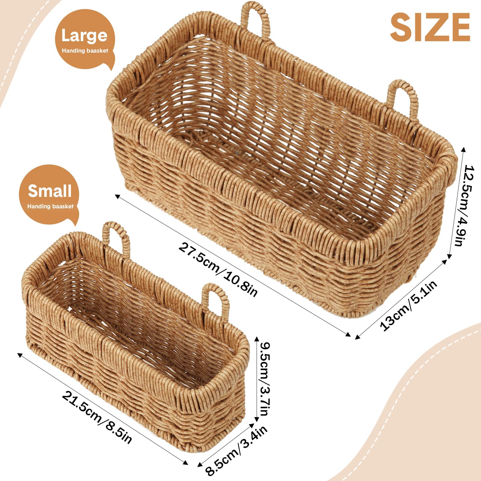 Tioncy 2 Pcs Woven Hanging Wall Baskets for Storage Boho Style Hanging Storage Plastic Woven Baskets with 4 Hooks for Kitchen Garden Living Room(Light Brown,Imitation Rattan Plastic)