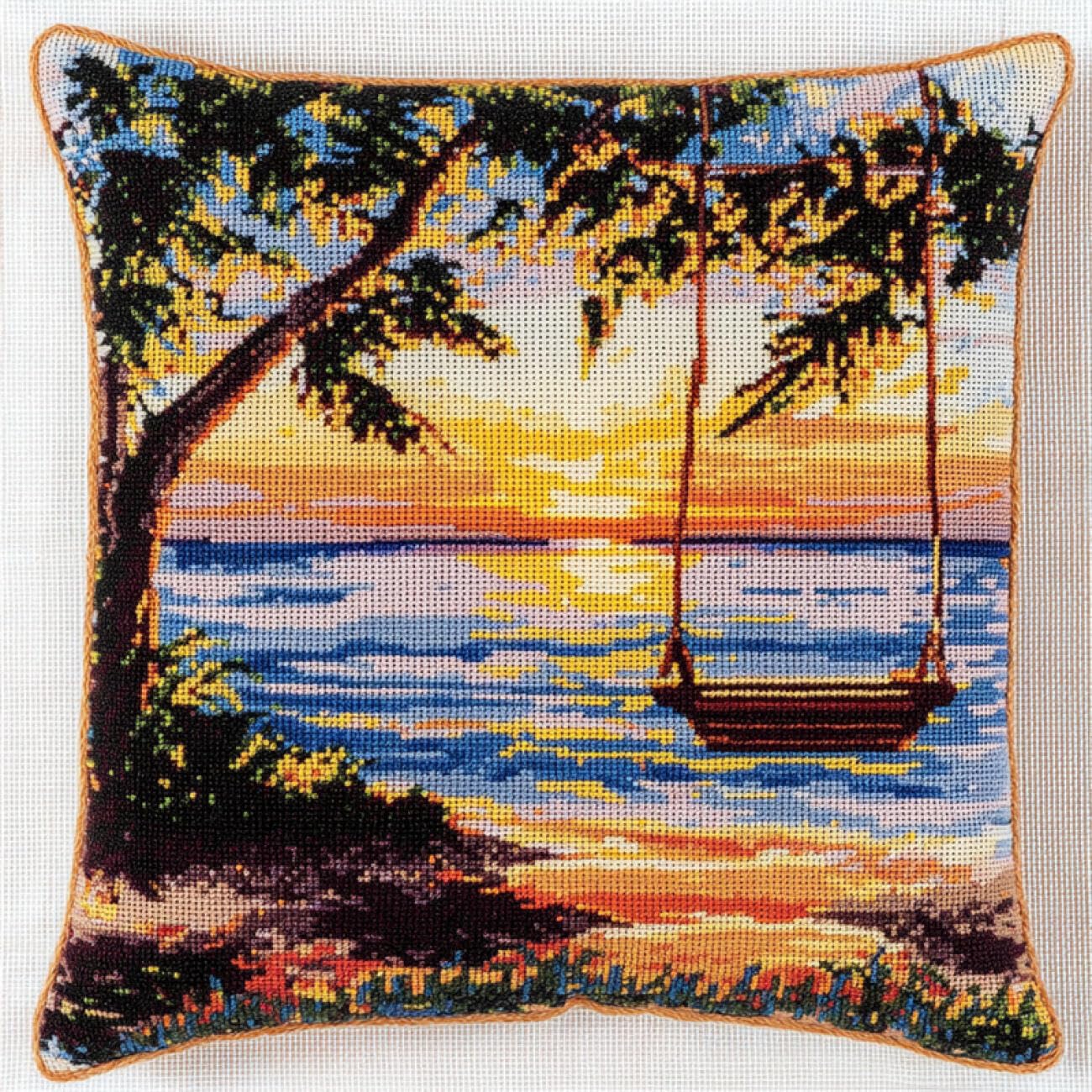 Henypt 9CT Cross Stitch Cushion Kit Seaside Swing DIY Cushion Embroidery Kit Needlepoint Handmade Needlework Cushions Kits Stitched Pillow Cover Set for Adults Beginners 45x45cm