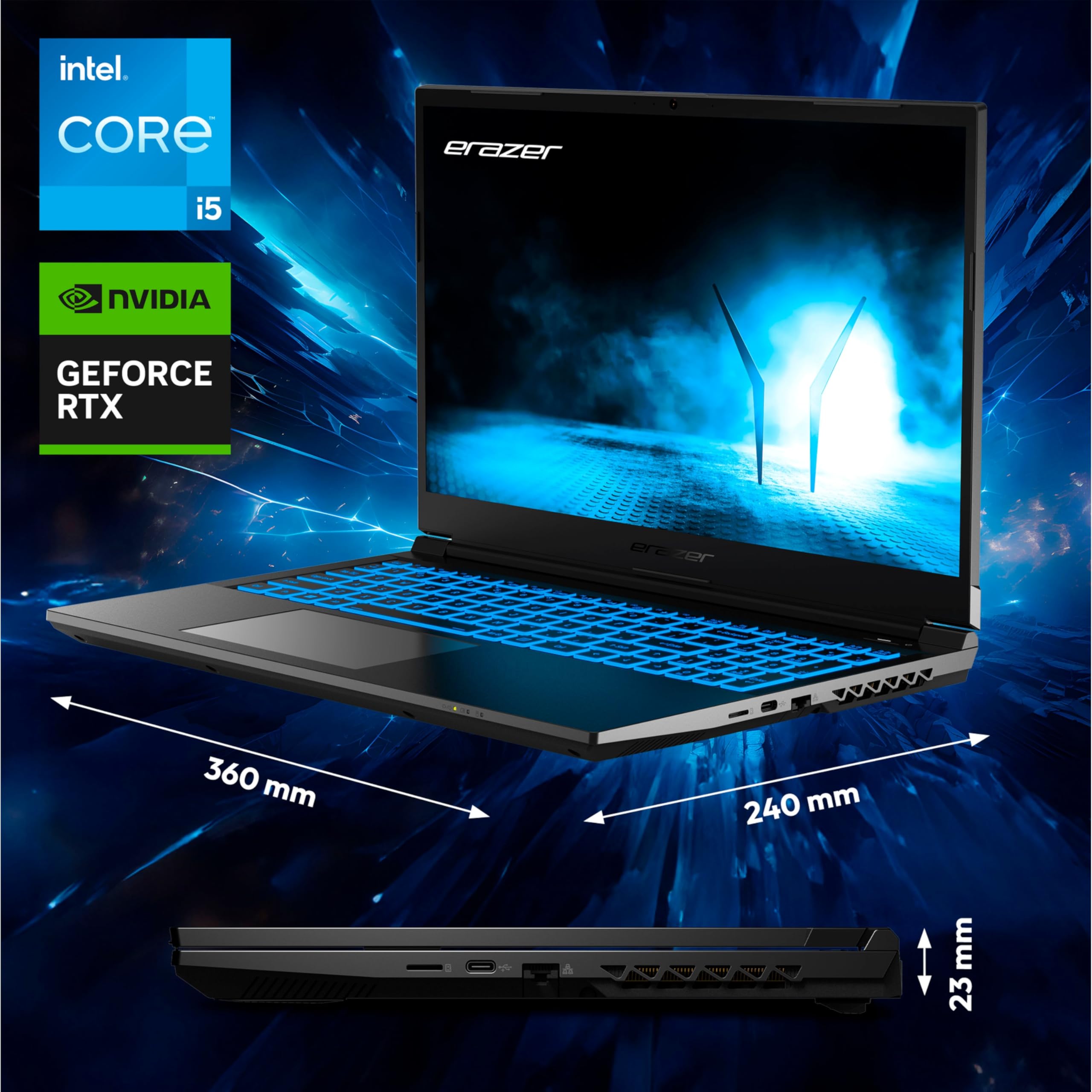 ERAZER Crawler E30e 39,6 cm (15,6 Zoll) Full HD Gaming Laptop (Intel Core i5-12450H, 8GB DDR4 RAM, 512GB PCIe SSD, GeForce RTX 2050 4GB GDDR6 VRAM, ohne OS)