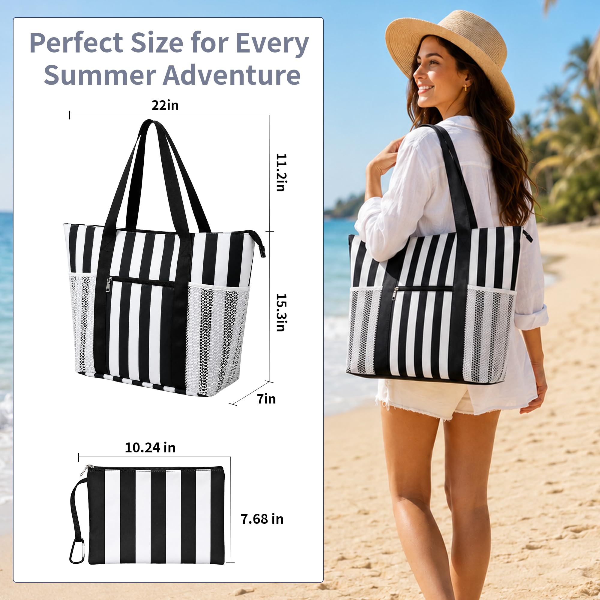 TAHAVICE 35L Große Strandtasche Damen, XXL Badetasche mit 5 Fächern & Nassfach, Wasserdichte Familie Strandtasche mit Reißverschluss, Beach Bag für Reise Strand Pool