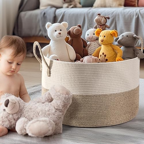 Miniatura 4 de Cesta XXL para mantas, almacenamiento de mantas para sala de estar, 21.7 x 21.7 x 13.8 pulgadas, cesta de almacenamiento de juguetes con asas,