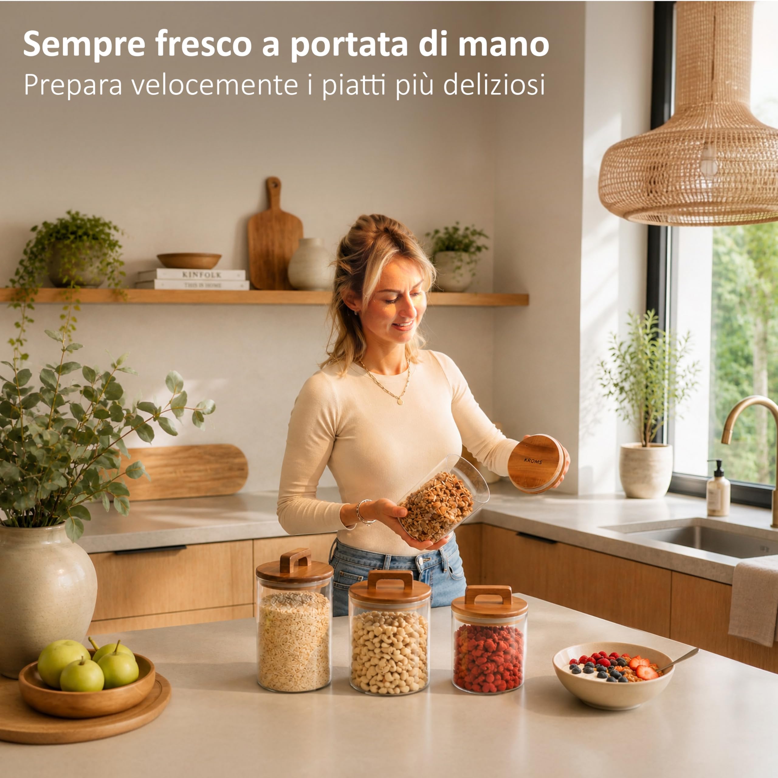 Barattoli vetro con coperchio in acacia – Set da 4 contenitori ermetici per alimenti 1000 ml & 1600 ml – Barattoli cucina per pasta, caffè, riso e dispensa cucina