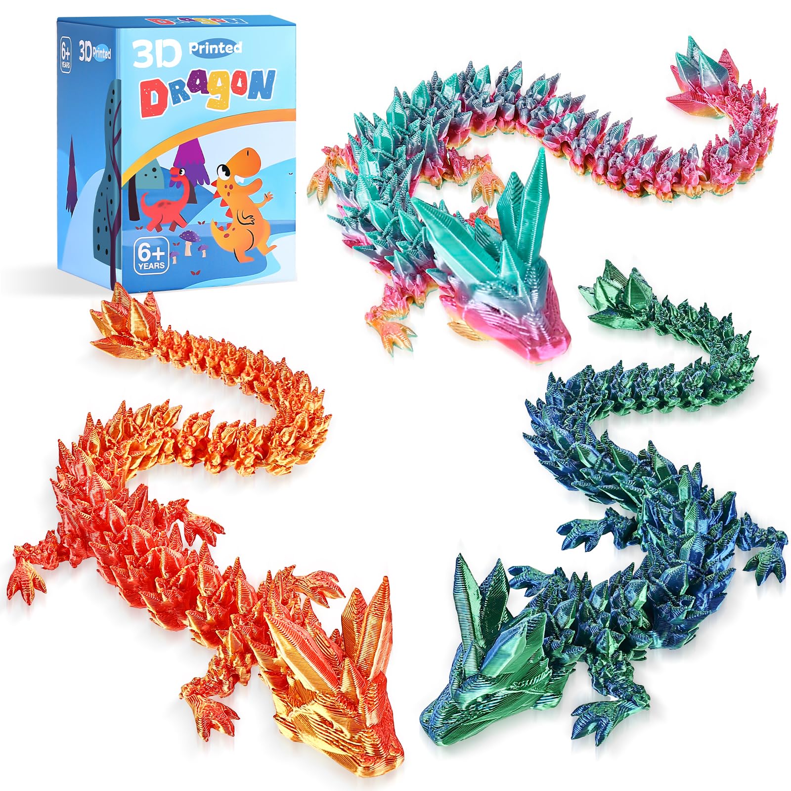 3pcs 12in 3D Printed Crystal Dragon,3D Printed Flexible Articulated Dragon,Home Office Decor Executive Desk Toys, Fidget Toys for Autism/ADHD (Rainbow Red Gold Green)