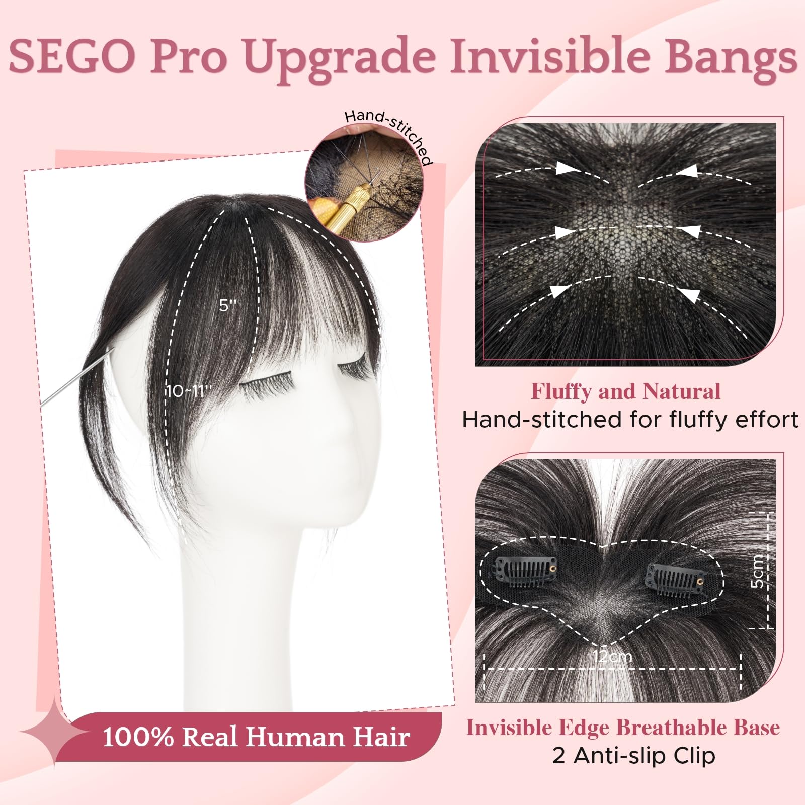 Pony Haarteil Echthaar mit 2 Clips in Extensions 100% Remy Haar Topper Handgebundene Basis Haarverlängerungen Fringe Natürlich für Damen Naturschwarz #1B