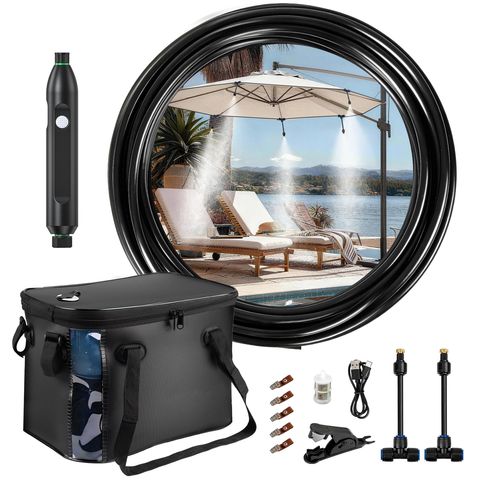 Photo 1 of 26 FT Portable Misters for Outside Patio - Outdoor Misters for Summer Cooling, Portable Misting System with 4500mAh Water Pump, 20L Bucket, 8 Nozzles, Water Misters for Patio/Umbrella/Camping/Canopy