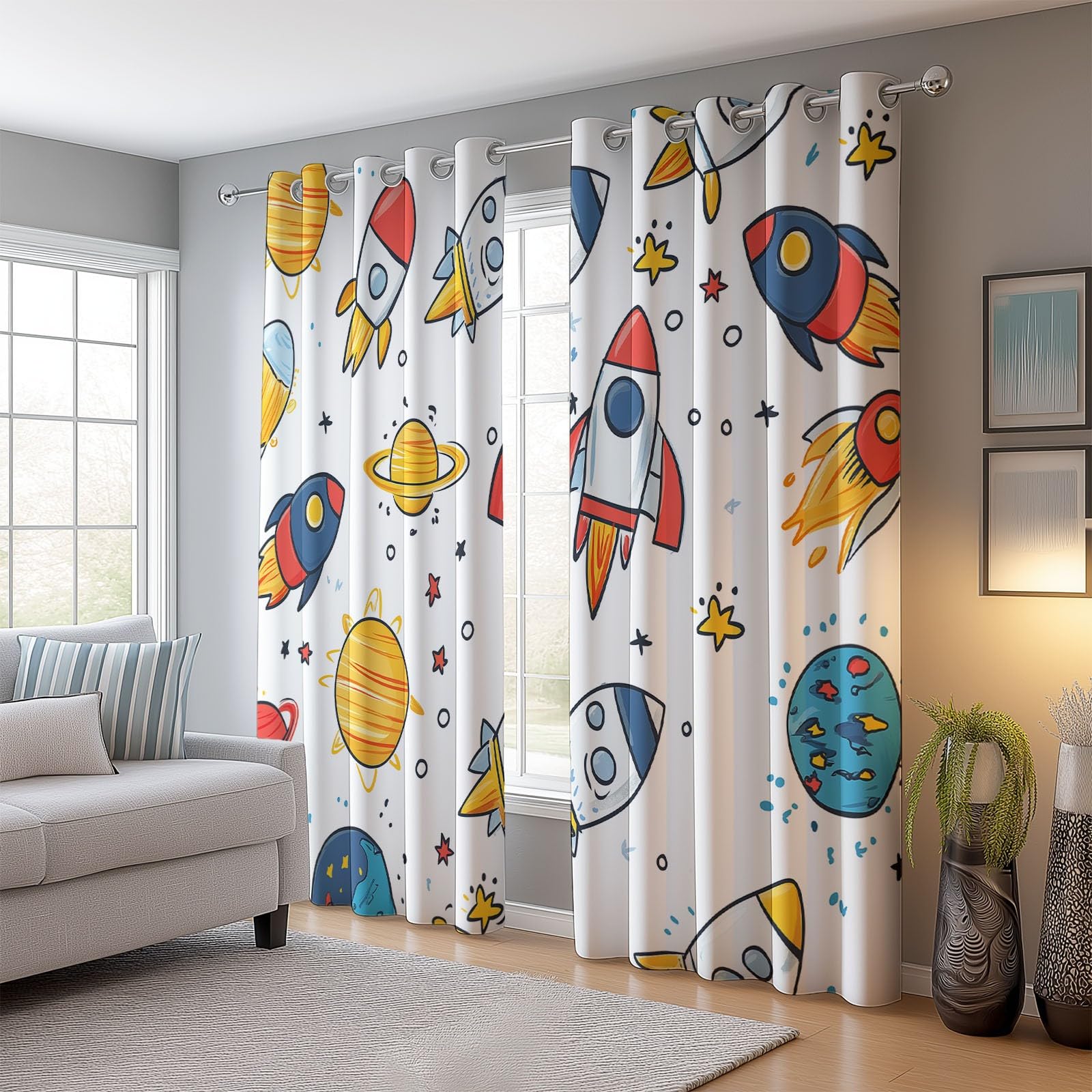 Cortinas Opacas Blanca Salon, Dibujos Animados Cohete Planeta patrón Cortina Termicas Aislantes, 140An x 225Al cm (2 Paneles) Decoración de Ventanas para Dormitorio Cocina
