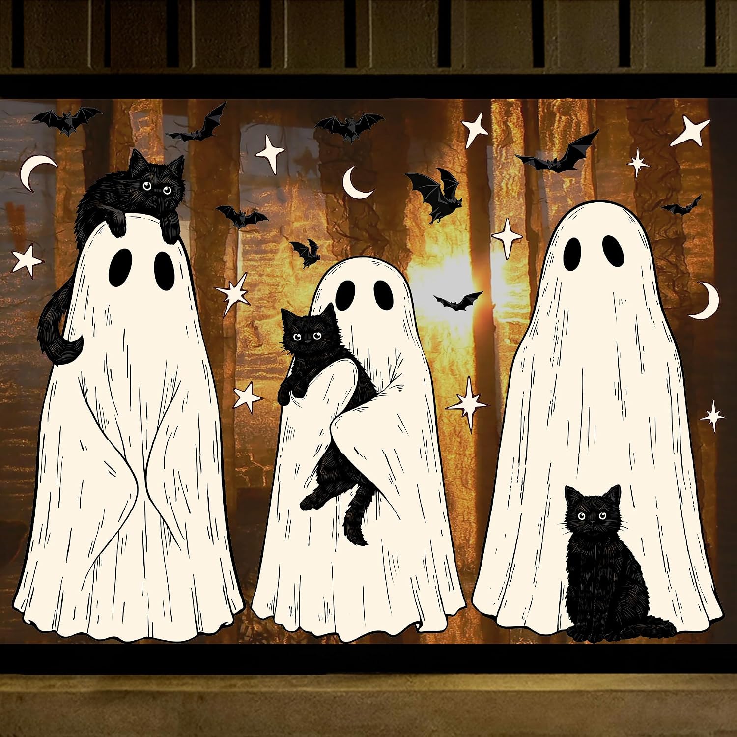 Retro Halloween Window Clings: Cute Ghost Family Vintage Black Cat Halloween Decorations Indoor, Aesthetic Cozy Spooky Window Decorations for Home, Apartment, Kitchen, Living Room Decor