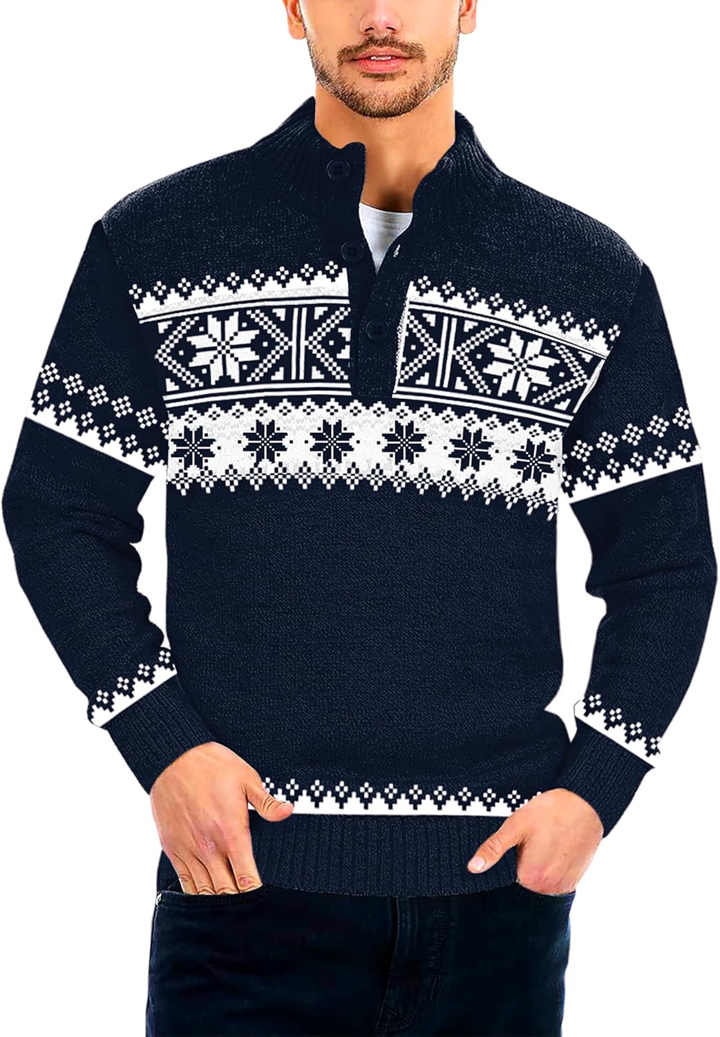 AOBUTE Mens Christmas Sweater Ugly Snowflakes Xmas Button Knitted Pullover - Image 2