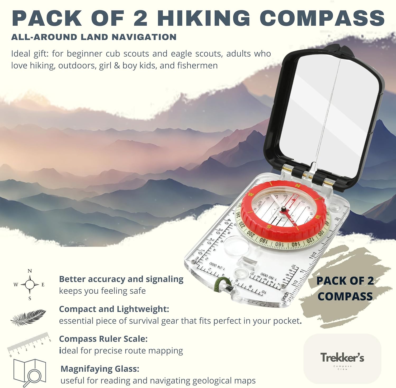 Trekker's Compass Crew Professional Military Lensatic Compass with Mirror, High-Precision Dial, Built-in Magnifier, Luminous Display for Hiking, Camping, Orienteering image 3