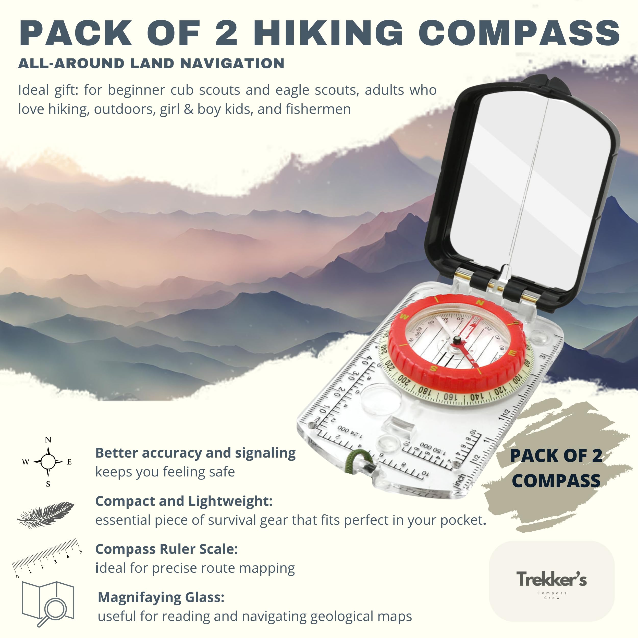 Trekker's Compass Crew Boussole Lensatic militaire professionnelle avec miroir, cadran de haute précision, loupe intégrée, affichage lumineux pour randonnée, camping, course d'orientation