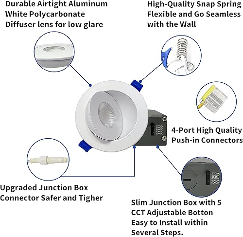 Miniatura 5 de RS 3.5 pulgadas, 5CCT - Gimbal de globo ocular cambiable de color, luz empotrable, 9W, 700LM, regulable, 2700K-3000K-3500K-4000K-5000K, ajustable y